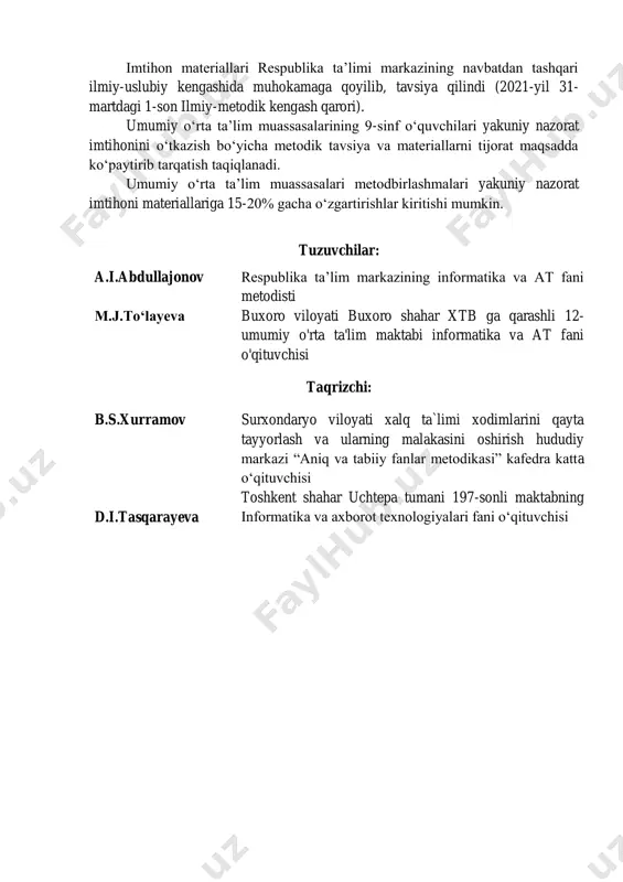 o‘nikma, malaka hamda kompetensiyalarini aniqlash maqsadida yakuniy аttеstаtsiya bilet savollari nazariy hamda amaliy (kompyuter) usulda o‘tkaziladi. har bir bosqichli nazorat imtihoni biletida 3 ta topshiriq bo‘lib, 1 ta topshiriq nazariy va 2 ta topshiriq amaliy ish shaklidan iborat. o‘quvchiga tanlagan bilet topshiriqlarini bajarish uchun (60 minut) vaqt beriladi. umumiy o‘rta ta’lim maktablarida informatika va axborot texnologiyalari fani chuqurlashtirib o‘qitiladigan maktab ma’muriyati o‘quv dasturiga mos ravishda qo‘shimcha savollar kiritishi mumkin. shu sababli o‘quvchilarga yechimlarni izohlash uchun qo‘shimcha ravishda vaqt berilishi lozim. imtihonning hаr bir sаvоligа berilgan javob o‘quvchi uchun «5» bаllik reyting аsоsidа bаhоlаnаdi. ballar umumlashtirilib, o‘rtacha ball chiqariladi. masalan: 5+4+3=123=4 amaliy ish bo‘yicha baholash mezonlari: t/r topshiriqni yoritilishiga qo‘yiladigan talablar ballar 1 topshiriq quyidagi bandlar bo‘yicha to‘liq bajarilgan bo‘lsa: 1) topshiriq bajarilishi to‘g‘ri mantiqiy ketma-ketlikda bayon etilgan; 2) har bir qadam xato va kamchiliklardan holi; 3) topshiriq asoslab izoh bilan bayon etilgan; 4) topshiriqqa mos ilovalar (jadvallar va hokazo) keltirilgan; …
