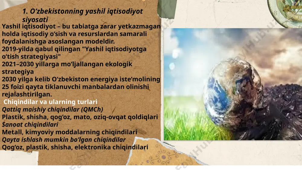 r depozit tizimi orqali yig‘ilmoqda. chiqindi elektr energiyasiga aylantiriladi, yillik 50 million tonna chiqindi yoqiladi va issiqlik energiyasiga aylantiriladi. ... t.me/slaydai_bot shvetsiya – "chiqindisiz jamiyat" modeli shvetsiya chiqindilarni yoqish orqali energiya ishlab chiqaruvchi davlat hisoblanadi. muhim yutuqlar: ✅ chiqindilarning 99% qayta ishlanadi yoki yoqiladi. ✅ "waste-to-energy" (chiqindidan energiya) texnologiyasi – chiqindilar elektr energiyasiga aylantiriladi. ✅ boshqa davlatlardan chiqindilar import qilinadi – shvetsiya norvegiya va boshqa davlatlardan chiqindilarni qayta ishlash uchun olib keladi. ✅ chiqindi poligonlari deyarli yo‘q. ... t.me/slaydai_bot janubiy koreya – "zero waste" siyosati janubiy koreya chiqindilarni qayta ishlash bo‘yicha qat’iy qonunlarga ega. muhim yutuqlar: ✅ chiqindilarni saralash majburiy. ✅ plastik va qog‘oz chiqindilarining 85% qayta ishlanadi. ✅ oziq-ovqat chiqindilari alohida yig‘iladi va biogaz yoki organik o‘g‘it sifatida ishlatiladi. ✅ "pay-as-you-throw" (chiqindi uchun to‘la) tizimi – odamlar chiqindilarni qanchalik ko‘p tashlasa, shunchalik ko‘p soliq to‘laydi. yaponiya – "minglab chiqindi turlari" tizimi yaponiya chiqindilarni qayta ishlash bo‘yicha eng qat’iy davlatlardan …
