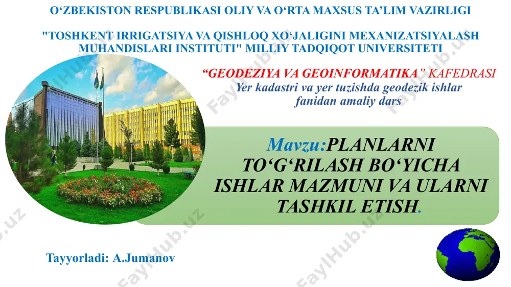 yangilashini talab qiladi, chunki ular syomkadan bir yil o‘tganda ham qishloq xo‘jaligi yerlari holatini kerakli darajada tasvirlana olmaydi. bu vaziyat qishloq ho‘jaligi plan va kartalarni eskirishini sonli ko‘rsatgichlar orqali aniqlashini talab qiladi va bu ham esa ularning yangilash va to‘g‘rilash (korrekturalash) muddatlarini aniqlashga imkon beradi. planlarni yangilash deb yangi syomka asosida, mavjud planlar va ularning geodezik tayanch tarmoqlarni qo‘llab, yangi planlar tuzishini tushuniladi. plan (karta)larni ma’lum davrida yangilash asosan o‘zbekiston respublikasi vazirlar maxkamasi qoshidagi «uzgeodezkadastr» bosh boshqarmasi tomonidan ma’lum davrda ko‘pincha aerofotosyomka usulida olib boriladi. yangilash muddati 5 yildan - 10 yilni tashkil etib, u xar xil joylardagi plan va kartalarni eskirish darajasiga bog‘liqdir. lekin hozirgi paytda yerdan foydalanuvchilarning hududida, chegaralarida o‘zgarishlar ko‘p sodir bo‘layotganligi, hamda ma’lumotlarga talab katta bo‘lganligi tufayli, plan va kartalar tez eskirishga uchrashadi. shu sababli yer tuzish tashkilotlari tomonidan qisqa muddatda (1 yildan – 5 yilgacha), plan va kartalarning sifatini hozir zamon darajasida saqlash uchun tadbirlar …