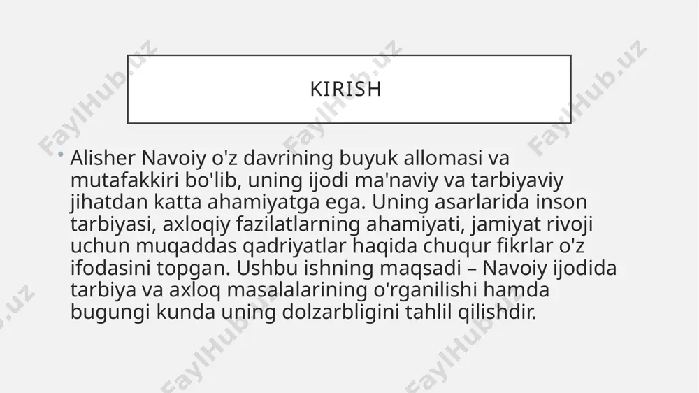 hayrat ul-abror"dan:"odob ersa ulki, yaxshilikni urug‘i,bezagan hayot bog‘in chiroy-u tarovat bilan."bu misralar odobni inson hayotining asosiy bezagi sifatida ko‘rsatadi. tarbiya jarayonida odob va axloqning o‘rni yuqori ekanligini eslatadi. 3. ezgu fazilatlarni targ‘ib qilish:"mahbub ul-qulub"dan:"kim odobni bilmasa, insonlikda kemtik topgay.chun odob elning ziynatidir, uni doim tutmoq lozim."bu o‘rinda navoiy odob va tarbiyani insonlikning asosi sifatida e’tirof etadi. 4. yomonlikdan tiyilish va sabr haqida:"saddi iskandariy"dan:"kimki yomon yo‘lga kirdi, uning oxiri nadomat,ezgulikda turmoq esa sabr-u halovat."bu misralarda yomonlikdan tiyilish va tarbiya orqali ezgulik sari intilish zaruriyati ochib beriladi. 5. bolalarning tarbiyasi haqida:"muhokamat ul-lug‘atayn"da:"bolaga yoshligidan ilm bersang,yoshlik gulshanida meva bersang."yoshligidan ilm va odob tarbiyasini berish kerakligini uqtiradi. ezgu ishlarning qadri"hayrat ul-abror"dan: "har kimki yomonlik qilur bir on,o‘zin qiynar ul ish bir zamon."bu misralar har qanday yomon ishning oqibati zararli bo‘lishini va tarbiyali inson bundan tiyilishi lozimligini ta’kidlaydi."kim ezgulik qilsa, topgay sharaf,kimki yomonlik qilsa, topgay qazaf."ezgulik insonni ulug‘laydi, yomonlik esa unga sharmandalik keltiradi. insonning axloqiy …