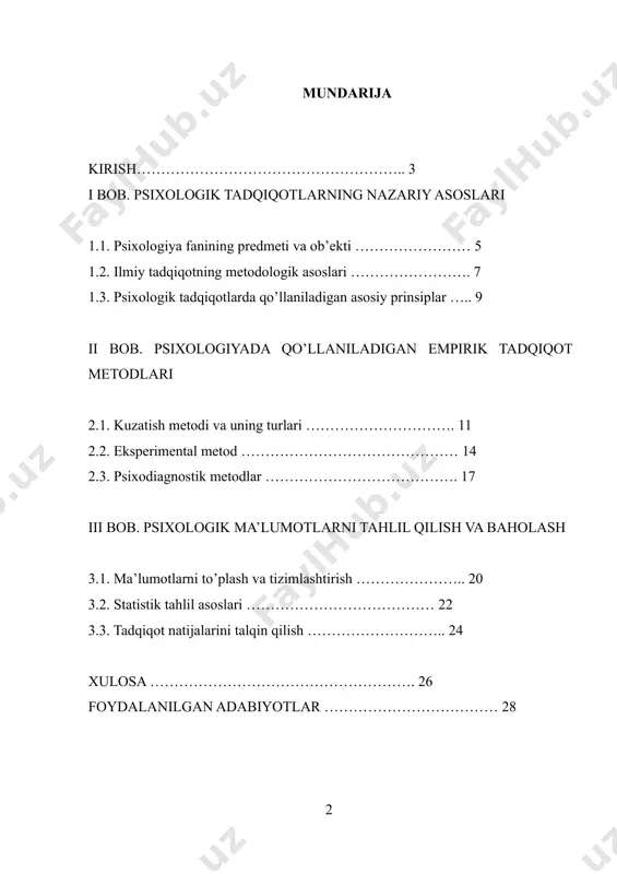 gik tadqiqotlarning nazariy asoslari, empirik metodlar va ma’lumotlarni tahlil qilish usullari bilan tanishamiz. mavzu dolzarbligi shundan iboratki, zamonaviy psixologiya amaliyoti doimiy ravishda yangi vazifalar bilan to’ldirib borilmoqda va bu vazifalarni hal qilish uchun ilmiy jihatdan asoslangan metodlar zarur. shuningdek, tadqiqot natijalarining ishonchliligi va amaliy ahamiyati bevosita qo’llanilgan metodlarning to’g’riligiga bog’liq. i bob. psixologik tadqiqotlarning nazariy asoslari 1.1. psixologiya fanining predmeti va ob’ekti psixologiya insonning ichki dunyosini, uning ruhiy jarayonlari va holatlarini o’rganuvchi fandir. psixologiyaning rivojlanish tarixida uning predmeti bir necha marta o’zgargan. qadimgi davrlarda psixologiya ruh haqidagi fan deb qaralgan bo’lsa, keyinchalik ong, xulq-atvor, faoliyat kabi tushunchalar asosiy o’rin egallagan. bugungi kunda psixologiya fanining predmeti quyidagilarni o’z ichiga oladi: psixik jarayonlar (sezgi, idrok, xotira, tafakkur, tasavvur, nutq), psixik holatlar (kayfiyat, emotsiyalar, stresslar, tushkunlik), psixik xususiyatlar (qobiliyat, temperament, xarakter, qiziqishlar). psixologiyaning ob’ekti esa inson va uning faoliyatidir. bunda inson turli jihatlari bilan qaralib chiqiladi: biologik mavjudot sifatida, ijtimoiy mavjudot sifatida va …