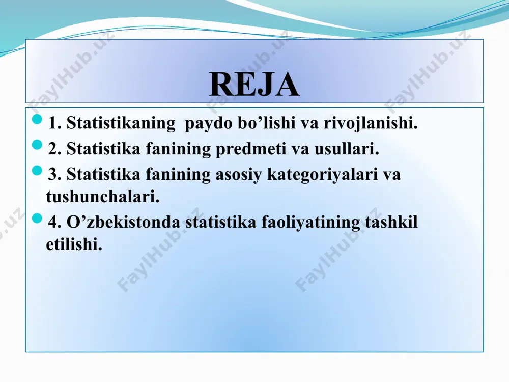 o’g’risidagi ma’lumotlarni to’plash jamlash va guruhlash umumlashtiruvchi ko’rsatkichlarni hisoblash va talqin qilish statistik ma’lumotlar mavbai birlamchi manbalar ikkilamchi manbaklar statistik, tanlama kuzatish, turli tekshiruv natijalari, turli ro’yhatlar natijalari davriy va joriy nashrlarda chop etiladigan ma’lumotlar statistika fani tarmoqlari iqtisodiy statistika ijtimoiy statistika statistika umumiy nazariyasi tarmoqlar statistikasi statistika fanining asosiy kategoriyalari va tushunchalari statistik to’plam bu umumiy bog’liqlikda, qandaydir bir sifat belgisi bilan birlashgan va bir-biridan farq qiluvchi ob’ekt yoki hodisalarning yig’indisidir. masalan, korxonalar soni, aktsiyadorlik jamiyatlari soni, oilalar soni va h.k. to’plamlar bir jinsli (o’xshash, bir xil bo’lgan) va turli jinsli bo’lishi mumkin. belgi bu to’plam birligining sifatiy xususiyatidir. o’rganilayotgan to’plam birligini ifodalash xarakteriga qarab belgilar miqdoriy, atributiv va alternativ belgilarga bo’linadi. statistik ko’rsatkich bu kategoriya bo’lib, hodisa va voqealarni aniq sharoit va vaqtdagi miqdoriy tasvirlanishidir statistik ko’rsatkichlar tizimi bu bir-biri bilan o’zaro bog’langan statistik ko’rsatkichlar yig’indisidir. statistik ko’rsatkichlar tizimi ijtimoiy hayotni barcha pog’onalarini o’zida qamrab oladi mamlakatda statistika …