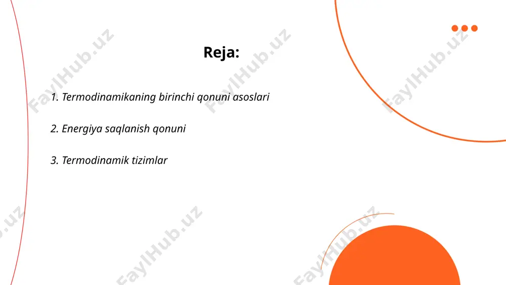 . termodinamik qonunlar, masalan, energiyaning saqlanish qonuni va entropiya tushunchalari, bu tizimlarning ishlashini tushunishga yordam beradi. termodinamik tahlil ko‘plab texnologik jarayonlarda, jumladan, issiqlik dvigatellari, muzlatkichlar va kimyo sanoatida muhim ahamiyatga ega. ... t.me/slaydai_bot 4. ish va issiqlik tushunchalari ish va issiqlik tushunchalari termodinamikada muhim hisoblanadi. ish — energiyaning bir shakldan ikkinchi shaklga o‘tish jarayoni. fizikada ish w bilan ifodalanadi va o‘lchov birligi joule (j) hisoblanadi. issiqlik esa sistema orasida energiya almashinuvi natijasida yuzaga keladi. temperaturadagi farq tufayli issiqlik o‘tadi. issiqlik miqdori q bilan belgilanadi va birligi ham joule. termodinamika qonunlariga ko‘ra, energiya saqlanishi qonuni energiyaning yo‘qolmasligini ta’minlaydi: umumiy energiya o‘zgarmaydi, faqat o‘tadi va mustahkamlanadi. bu jarayonlarda harorat va bosim kabi parametrlar katta ahamiyatga ega. ... t.me/slaydai_bot ichki energiya, termodinamik tizimning umumiy energiyasi bo'lib, zarralarning o'zaro va kinetik energiyalaridan hosil bo'ladi. ichki energiya (u) ideal gazlar uchun faqat temperatura bilan bog'liq va u = \((3/2)nrt\) formula bilan ifodalanadi. bu yerda n …