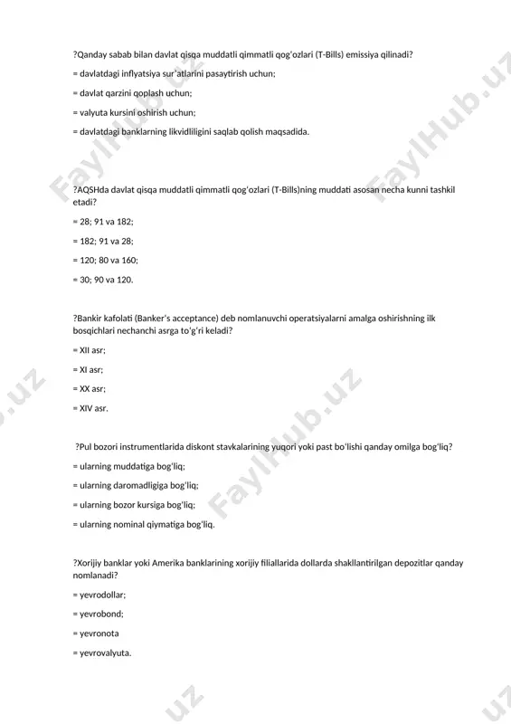 an, egasining nomi yozilgan emissiyaviy qimmatli qogʻoz turi qanday nomlanadi? = aksiya; = obligatsiya; = veksel; = deposit sertifikati. ?imtiyozli aksiyalarning koʻrinishlari notoʻgʻri keltirilgan javobni belgilang? = konvertlanmaydigan aksiyalar; = oddiy aksiyalar; = har xil aksiyalar; = kumulyativ aksiyalar. ?fyuchers narxini spot narxidan yuqori boʻlish holati nima deb ataladi? = kontango; = bekuordeyshn; = stredl; = spred. ?svop shartnomalarining mohiyati toʻgʻri keltirilgan javobni aniqlang? = bu ikki tomonning oldindan kelishilgan shartlariga muvofiq kelajakda maʼlum bir toʻlovlarni va yoki bazis aktivlarni (kelishilgan miqdorda ) almashtirish boʻyicha bitimidir = bu shartnomalar standartlashtirilgan boʻlib, ular faqatgina birja savdolarining obyekti sifatida nomoyon boʻladi; =bu shartnomalarning oʻziga xos xususiyati shundan iboratki, uning egasi qimmatli qogʻozning oʻzini emas balki uni sotib olish yoki sotish huquqini maʼlum bir mukofot evaziga sotib oladi = bu shartnomalar birjadan tashqarida tuziluvchi, kelajakda bazis aktivni yetkazib berish haqidagi tomonlarning kelishuvidir. ?oʻz egasiga aksiyadorlarning umumiy yigʻilishida oʻz ovozi bilan ishtirok etish huquqi, …