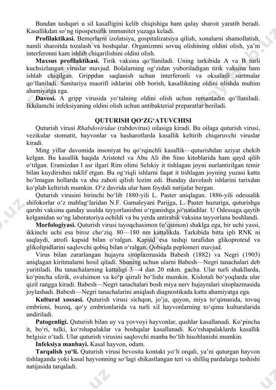 zg‘atuvchisi griрp nafas yo‘lining keng tarqalgan o‘tkir yuqumli kasalligi bo‘lib, u epidemiologik xarakterga ega va ko‘pgina odamlarni shikastlantiradi. xx asr boshlarida m.i. afanasyev va p.b. vaks kasalliklarning virus tabiatli ekanligi haqida aytib o‘tganlar. 1903-yili ch. smits, k. endryus va p. leydlou bemorlardan ajratib olingan griрp virusining turini o‘rgandilar va uni griрp virusining a turi deb nomladilar. 1930-yili т. frensis va т. medjilm b griрp virusini, 1847-yili r. тeyler c griрp virusini aniqlashgan. griрp virusi otrhomyxoviridae oilasiga kiradi. bu oilaga odamlarda, hayvonlarda va qushlarda kasallik keltirib chiqaruvchi viruslar ham kiradi. morfologiyasi. griрp virusining tuzilishi murakkab. uning tarkibiga bitta rnk iрchasi kiradi va u nukleokapsid, spiralsimon va liрiduglevod proteinli (yog‘, uglevod, oqsil) qobiq bilan himoyalangan. kapsomerlarining miqdori to‘liq aniqlanmagan. virusni asosan sferik shakli, kamroq hollarda iрsimon shakllari ham uchrab turadi. rnk xo‘jayin to‘qimasi yadrosida sintezlanadi. virusning oqsili esa sitoplazmada sintezlanadi. virus tarkibi to‘qima qobig‘iga yaqin holda tashkil topgan. kultural xossasi. griрp virusi …