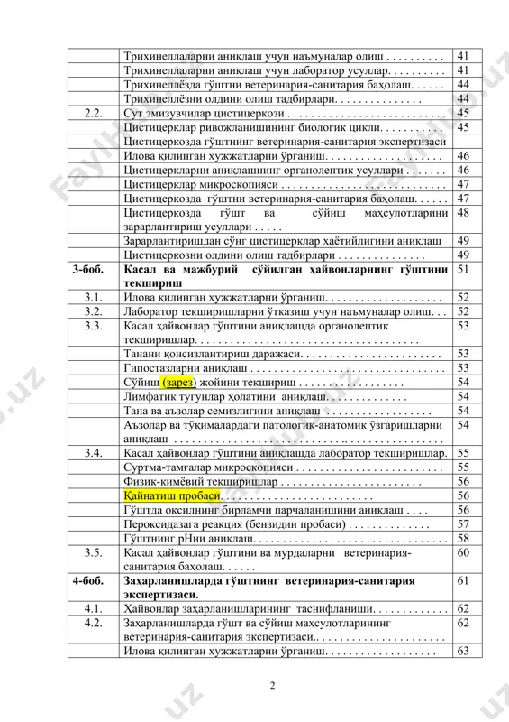 . . . . . . 32 бузоқ, чўчқа, тоқ туёқлилар ва майда шохли моллар таналари ва аъзоларининг сўйишдан кейинги ветсанэкспертизаси хусусиятлари . . . . . . . . . . . . . . . . . . . . . . . . . . . . . . . . 35 2-боб. ҳайвонлар таналарини ва аъзоларини трихинеллёз ва цистицеркозга текшириш. . . . . . . . . . . . . . . . . . . . . . . . . . . . . . . 38 2.1. сут эмизувчилар трихинеллёзи. . . . . . . . . . . . . . . . . . . . . . . . . . . 39 трихинеллалар ривожланишининг биологик цикли . . . . . . . . . . 39 трихинеллёзда гўштнинг ветеринария-санитария экспертизаси 40 илова қилинган хужжатларни ўрганиш. …