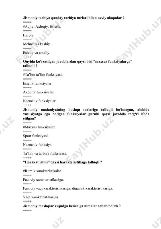 ar vujudga kelishiga nimalar sabab boʻldi ? ==== #ov va ongning shakllanishi. ==== ov qilish. ==== ongning shakllanishi. ==== tuzumning oʻzgarishi. ++++ jismoniy tarbiyaning maxsus uslublari qaysi javobda toʻliq keltirilgan ? ==== #qat’iy tartiblashtirilgan mashqlar, oʻyin va musobaqa uslublari. ==== koʻrgazmalilik ta’sir tezkor informatsiya uslublari. ==== oʻyin uslubi. ==== barcha javoblar toʻgʻri. ++++ quyidagi javoblar ichidan oʻyin uslubiga xos xususiyat qaysi javobda toʻliq ifoda etilgan ? ==== #ijodiy izlanish. ==== oʻquvchilarni tez - tez almashtirish. ==== oʻyinni uzoq vaqt davom ettirish. ==== boshqa mashqlarni kiritish. ++++ jismoniy mashqlarni bajarishda yuklamani nima xarakterlaydi ? ==== #vaqt birligida bajarilgan ishning miqdori. ==== mashqlar bajarishda organizmda sodir boʻladigan funksional faollikning hamda sodir boʻladigan qiyinchiliklarni yengil darajasi. ==== bajarilgan ish hajmi. ==== jismoniy mashqlarni koordinatsion murakkabligi. ++++ “maksimal yuklama” qanday yuklamalar hisoblanadi ? ==== #odam imkoniyati yetadigan darajadagi yuklama. ==== haddan tashqari koʻp hajmdagi yuklama. ==== me’yoriga yetmagan hajmdagi yuklama. ==== eng kam hajmdagi …