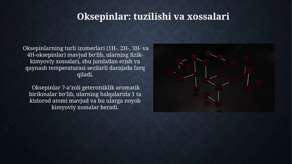 i cho‘qqilarni ko‘rsatishi mumkin, bu ularning geterotsiklik tabiatini tasdiqlaydi. kondensatsiyalangan yetti a`zoli geterotsikllar 7-a`zoli kondensatlangan geterotsiklik birikmalar, masalan, benz[cd]indol kabi, bir nechta aromatik halqalarni o'z ichiga oladi va ularning xossalari murakkab strukturasi bilan belgilanadi. kondensatlanish reaksiyalari orqali hosil bo'lgan 7-a`zoli geterotsikllar, masalan, benzo[b]azepine, turli xil farmatsevtik faol moddalarning sintezi uchun muhim bosqich hisoblanadi. tsikloheptatrien va uning xossalari uning xossalaridan biri – qayta guruhlanish reaksiyalarida ishtirok etishi, masalan, 1,5-sigmatropik o‘zgarish orqali bir necha izomerlarni hosil qilishi mumkin. tsikloheptatrien 7 ta uglerod atomidan va 7 ta π-elektronlardan tashkil topgan, aromatik xossalarga ega bo‘lmagan, lekin tropiliy kation hosil qilishi mumkin bo‘lgan tsiklik birikma hisoblanadi. yetti a`zoli geterotsiklik birikmalarning sintez usullari 7-a'zoli geterotsiklik birikmalarning sintezi uchun 1,3-dipolar sikloqo'shilish reaksiyalari, xususan, nitronlar bilan alkinlarning reaksiyasi samarali usul hisoblanadi, bu reaksiyalar yuqori regio- va stereoselektivlik bilan boradi. azota o'z ichiga olgan 7-a'zoli geterotsikllarni, jumladan, azepinlarni, palladiy katalizatorlari ishtirokida c-h aktivatsiyasi orqali 3-5 bosqichda sintez qilish mumkin. …