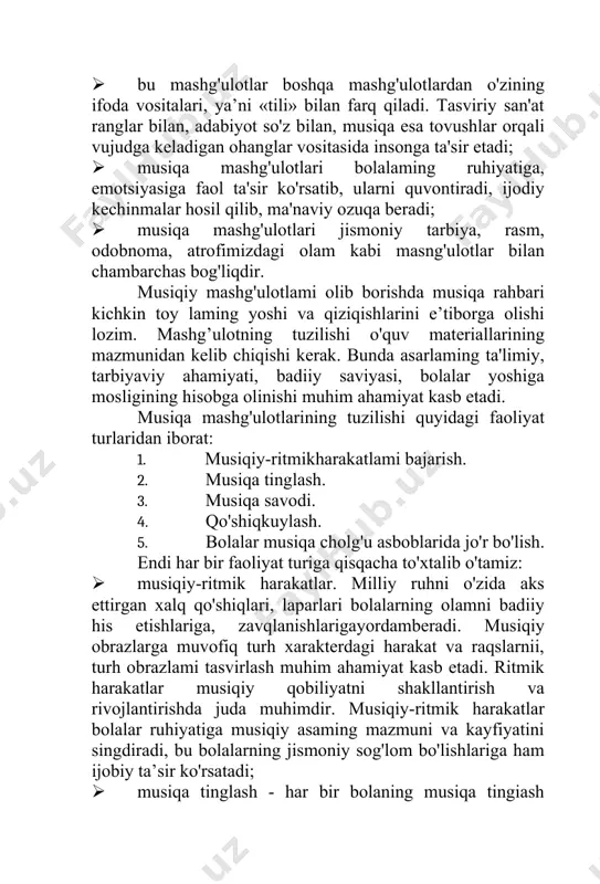 musiqa rahbari kichkin toy laming yoshi va qiziqishlarini e’tiborga olishi lozim. mashg’ulotning tuzilishi o'quv materiallarining mazmunidan kelib chiqishi kerak. bunda asarlaming ta'limiy, tarbiyaviy ahamiyati, badiiy saviyasi, bolalar yoshiga mosligining hisobga olinishi muhim ahamiyat kasb etadi. musiqa mashg'ulotlarining tuzilishi quyidagi faoliyat turlaridan iborat: 1. musiqiy-ritmikharakatlami bajarish. 2. musiqa tinglash. 3. musiqa savodi. 4. qo'shiqkuylash. 5. bolalar musiqa cholg'u asboblarida jo'r bo'lish. endi har bir faoliyat turiga qisqacha to'xtalib o'tamiz: · musiqiy-ritmik harakatlar. milliy ruhni o'zida aks ettirgan xalq qo'shiqlari, laparlari bolalarning olamni badiiy his etishlariga, zavqlanishlarigayordamberadi. musiqiy obrazlarga muvofiq turh xarakterdagi harakat va raqslarnii, turh obrazlami tasvirlash muhim ahamiyat kasb etadi. ritmik harakatlar musiqiy qobiliyatni shakllantirish va rivojlantirishda juda muhimdir. musiqiy-ritmik harakatlar bolalar ruhiyatiga musiqiy asaming mazmuni va kayfiyatini singdiradi, bu bolalarning jismoniy sog'lom bo'lishlariga ham ijobiy ta’sir ko'rsatadi; · musiqa tinglash - har bir bolaning musiqa tingiash madaniyatining shakllanishi va rivojlanishida muhim ahamiyat kasb etadi. bola, awalo, musiqani idrok etib, …