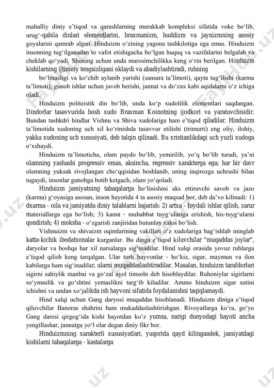 majburiy marosimlardan biri hisoblanar edi. xudolar yo‘lida meva-cheva, noz-ne’matlardan tortib, uy hayvonlarining barcha turlarigacha, qadim zamonlarda esa hatto odamlar ham qurbon qilinar edi. milliy dinlar rivojlanishining so‘ngti davrlariga kelib odamlar o‘rniga hayvonlar kurbon qilina boshlangan. shu bilan birga oxirat haqidagi tasavvurlar keng targ‘ib kilinardi. milliy dinlar elat-millat dinlari deb ham yuritiladi. chunki ular urug‘-qabila dinlaridan farkli ravishda sinfiy jamiyat qaror topishi va shakllanishi davrida vujudga kelgan va rivojlangan. binobarin, ular avvalo elatning so‘ngra, millatning shakllanishini o‘zlarida aks ettirgan. milliy dinlarda tasavvur kilingan xudolar milliy xudolar hisoblanib, ibodat- marosimlar asosan muayyan elat yeki millatnikigagina mos tushar edi. binobarin, bu xildagi qadimga dinlar milliy davlat xarakterida bo‘lishi bnlan boshqa din shakllaridan ajralib turagan. eng so‘nggi davrning milliy dinlariga quyidagilar kiradi: hinduizm, jaynizm, sikxizm, daosizm, konfutsiylik, sintoizm va iudaizm (yahudiylik). hinduizm - hozirgi hindistonda tarqalgan din shaklidir. u eramizdan oldingi dinlar - braxmanizm va vedizmning evolyutsiyasi natijasida eramizning birinchi ming yilligi o‘rtalarnga kelib …