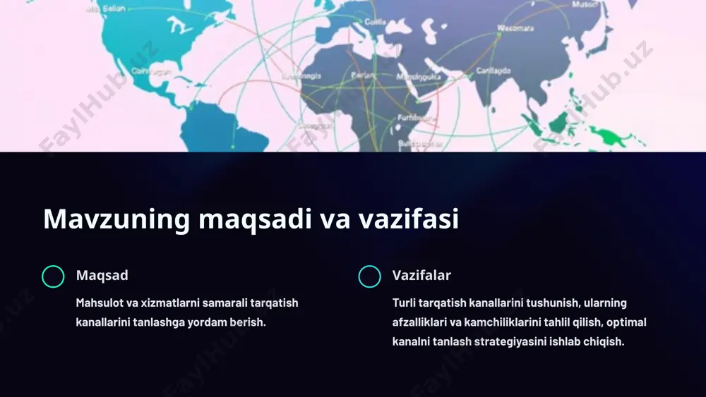 ik sohasidagi jiddiy rag'batlantirish vositalarining ishlatish ham muhim hisoblanishi mumkin. tarqatish kanallarini muvofiqlashtirish muvofiqlashtirish turli kanallar o'rtasida uzluksiz va samarali ish olib borishni ta'minlash. xizmatlarni birlashtirish mijozlarga turli kanallar orqali bir xil xizmatlarni taqdim etish. ma'lumotlar almashinuvi turli kanallar o'rtasida ma'lumotlarni samarali almashishni tashkil qilish. tarqatish kanallarining samaradorligini baholash 1 sotuvlar miqdori har bir kanal orqali amalga oshirilgan sotuvlar miqdorini tahlil qilish. 2 mijozlarning qoniqishi mijozlarning har bir kanal orqali taqdim etilayotgan xizmatlarga qoniqishini o'lchash. 3 xarajatlar har bir kanal bilan bog'liq xarajatlarni baholash. e'tiboringiz uchun rahmat image1.png image2.png image3.png image4.png image5.png image6.png image7.png image8.png image9.png image10.png image11.png image12.png image13.png image14.png image15.png image16.png image17.png image18.png image19.png image20.png