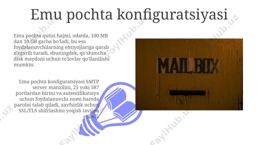 -yillar)da, faqatgina 2 ta shahar o'rtasida cheklangan miqyosda xizmat ko'rsatgan va kuniga atigi 50 dan kam xat yetkazib berilgan. emu pochta muammolari va ularning yechimlari emu pochta tizimida xabarlarni yetkazib berish muddati o'rtacha 2-3 kunni tashkil etadi, ammo ba'zi hollarda texnik nosozliklar tufayli 5 kungacha kechikishlar kuzatilishi mumkin. buning oldini olish uchun serverlarning ortiqcha yuklanishiga yo'l qo'ymaslik kerak. foydalanuvchilarning 10% ga yaqini emuga xat yozishda noto'g'ri elektron pochta manzillarini kiritadi, natijada xatlar qaytariladi yoki yetkazib berilmaydi. buni oldini olish uchun xatni yuborishdan oldin manzilning to'g'riligini tekshirish tizimi ishlab chiqilishi kerak. emu pochta xavfsizligi 01 02 emu pochta serverlari muntazam ravishda yangilanadi va viruslarga qarshi himoya dasturlari bilan ta’minlanadi, bu esa 95% dan ortiq ma’lumotlarning buzilish xavfini oldini oladi. sales 1st qtr 2nd qtr 100 0 sales 1st qtr 2nd qtr 100 0 emu pochta nima? emu pochta, yoki "emu mail", elektron pochta xizmatining o'ziga xos turi bo'lib, 256 bitlik aes …