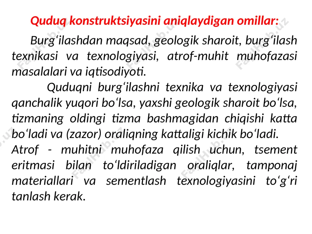 ‘rish dаvri. 4. quduqni burg‘ilаsh, ungа yo‘llаnmа, kоnduktоr, оrаliq tizmа vа ishlаtish tizmаsini tushirish - burg‘ilаsh dаvri dеyilаdi. 5. shu quduqlаrdаn mаhsulоt оlib sinаb ko‘rish dаvri. 6. burg‘ilаsh uskunаlаrini dеmоntаj qilish yoki bоshqа jоygа ko‘chirish dаvri. 7. dеmоntаj qilingаndаn kеyin, mаydоnni tеkislаb, ishlаb-chiqаrishgа tаyyorlаnаdi.
