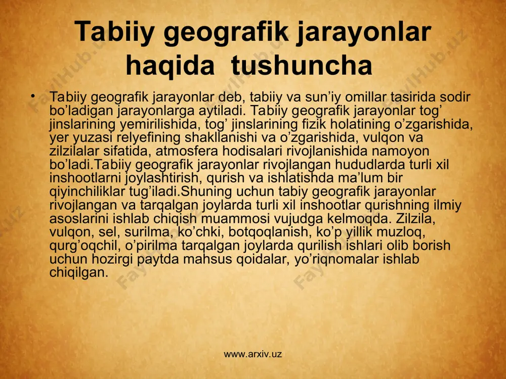 tijasida sodir bo'ladi. kunduzi havo haroratining ko' tarilib ketishi natijasida tog’ jinslarida darzlar hosil bolib, ular bo'laklarga bo’linib ketadi. ammo tog' jinslarining kimyoviy tarkibi o'zgarmaydi. fizik nurash cho’llarda va qoyali tog'larda keng tarqalgan. kimyoviy nurash deb, havo, suv ta'sirida tog' jinslarining yemirilishi va kimyoviy o’zgarishiga aytiladi. o'pirilish va nurashkimyoviy nurash ta'sirida barqaror minerallar hosil bo'ladi www.arxiv.uz www.arxiv.uz organik nurash deb, tog' jinslarining organizmlar (o'simlik, hayvonot dunyosi, mikroorganizmlar) ta'sirida yemirilishiga aytiladi. sel tog'li oikalarda jala yog'ishi naijasida hosil bo'ladi. sellar o'zi bilan birga loyqa va toshlarni olib keladi. uning tezligi soatiga 10-15 km ni tashkil etishi mumkin u yo'lida uchragan hamma narsani yuvib ketadi va juda katta moddiy va ma'naviy zarar yetkazadi. masalan, peruda 1970-yilda sel kelishi natijasida 50 ming kishi halok bo'lgan, 800 ming kishi boshpanasiz qolgan bir qancha shahar vayronaga aylangan. sel hodisasi o'rta osiyoda, kavkazda, qrimda. yevropa va amerikada ko'proq sodir bo'ladi (3-rasm). eroziya (lotincha "erosio" -yeyilish, yuvilish) …