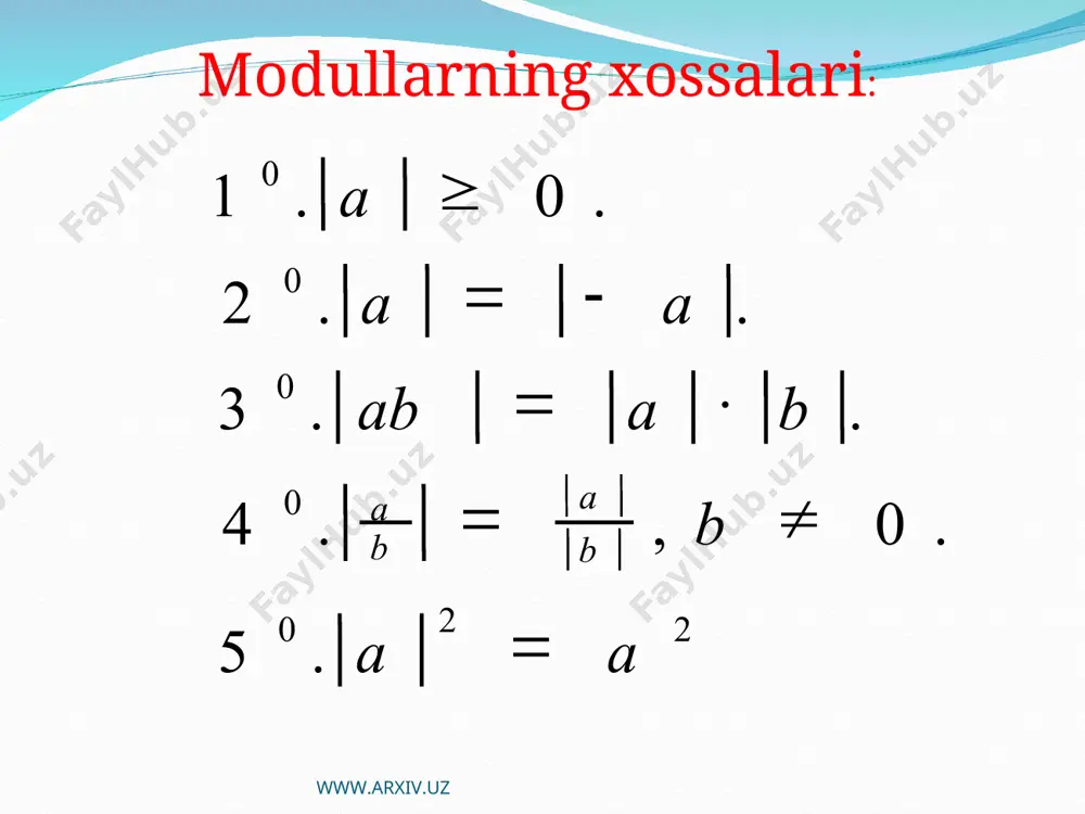 lli tenglamalarni yechishning bir necha hil usullarini ko’rib chiqamiz. masalan: |x-2|<1 tengsizlik berilgan bo’lsin. buni 2 xil usulda yechamiz. 1-usul. tengsizlikning ikkala tomonini kvadiratga ko’paytiramiz: (x-2)2 <1 yoki x2 -4x+3<0. hosil bo’lgan kvadirat tengsizlikning chap tomonini ko’paytuvchilarga ajratib, oraliqlar usulini tatbiq etsak, berilgan tengsizlikning barcha yechimlari to’plami (1;3) oraliqdan iborat ekanligini ko’ramiz. www.arxiv.uz www.arxiv.uz 2-usul. tengsizlikning chap tomonini modul belgisi ostida qatnashgan x-2 ikkihad x=2 da no’lga aylanadi. x=2 nuqta son to’g’ri chizigini (- ; 2) va (2;+ ) oraliqlarga ajratadi. bu oraliqlarning har birida x-2 ikkihad o’z ishorasini saqlaydi.tengsizlikni shu oraliqlarning har birida alohida-alohida yechamiz: birinchi sistemadan 2≤x≤3, ikkinchi sistemadan 1<x<2. bu ikkala yechimlarni birlashtirsak:(1;2) u bulardan esa (1;3) gacha bo’ladi. www.arxiv.uz www.arxiv.uz 3-usul. |x|+1≤2|x-1|+3x bu tengsizlikni yechish uchun har bir modulni nolga aylntiruvchi sonlarni topamiz. x=1 va x=0. bu nuqtalar son o’qini (- ; 0 , 0;1 , 1;+ ) oraliqlarga ajratadi. ifodalarning bu intervaldagi ishoralari jadvalini tuzamiz: …