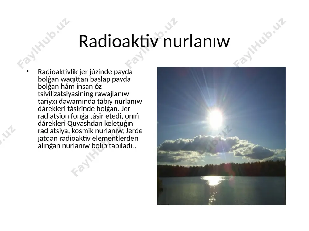 edi. bul nurlar keyinirek rentgen nurları dep ataldı.. radioaktiv nurlanıw bekkerelning taklifiga ko'ra, yosh professor per kyuri va uning rafiqasi mariya skladovskaya-kyuri chiqarishga qodir bo'lgan moddalarni qidirishni boshladilar. bu olimlar uran smola rudasi uran intensivligidan 4 baravar ko'p nurlanish qobiliyatiga ega ekanligini aniqladilar. bu rudada urandan ham kuchliroq nurlanish manbai borligini ko'rsatdi. 1898 yilda kyurilar ikkita yangi elementni topdilar - mariya skladovska-kyuri-polsha tug'ilgan joyi nomi bilan atalgan poloniy va lotincha "nurlar chiqaradigan" degan ma'noni anglatuvchi radiy. ". radioaktiv nurlanıw kyuri húrmetine jasalma túrde alınǵan 96 nomeri menen transuranik element - curium óz atınıń aldı. er qabıǵı daǵı elementler arasında hámme zat radioaktiv bolıp tabıladı, vismutdan baslap, yaǵnıy. elementlerdiń udayı tákirarlanatuǵın sistemasındaǵı ceriya nomeri 83 ten artıq. radioaktiv nurlanıw túrleri radioaktiv nurlanıw túrleri alfa nurları - tómen penetratsion quwatqa iye salmaqli bólekler. radioaktiv nurlanıw túrleri beta-nurları jaqtılıq bólekleri bolıp, úlken kirip barıw kúshine iye. beta nurları tez uchadigan elektronlar aǵımı bolıp …
