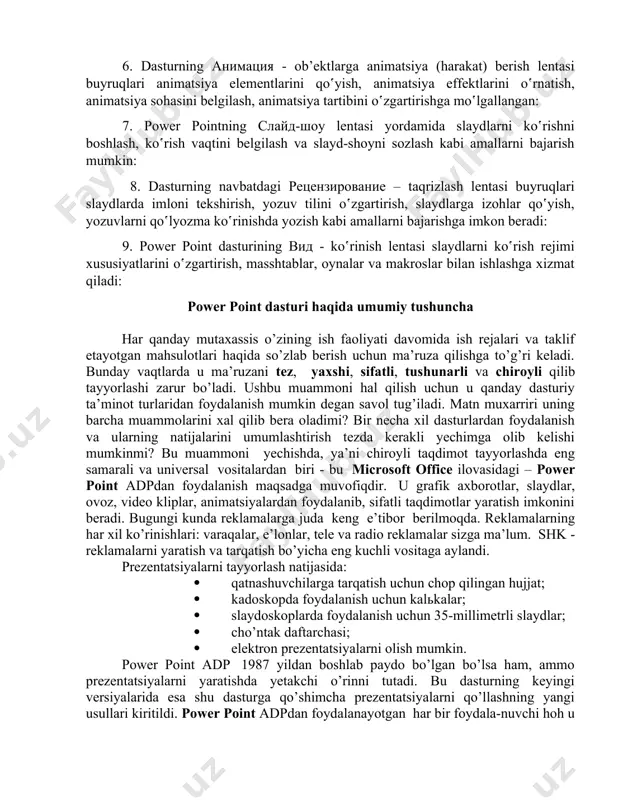 hi buyruqlardan tashkil topgan: svedeniya - fayl haqida turli ma’lumotlarni olish; sozdat – yangi fayl hosil qilish; otkrit – mavjud faylni ochish; soxranit – faylni saqlash; soxranit kak – faylni boshqa nomda saqlash; pechat – faylni chop etish; zakrit – dasturni yopish. 2.dasturning glavnaya - bosh lentasi windows buferi bilan ishlash (bufer obmena), slaydalar yaratish (slaydi), slaydlardagi shrift turlari, o‛lchami, ko‛rinishlarini o‛zgartirish (shrift), abzatslar bilan ustida turli amallar bajarish (abzats), slaydlarga turli shakl va rasmlar qo‛yish (risovanie) hamda slaydlarni tahrirlashga (redaktirovanie) imkon beradi: 3. dasturning vstavka – qo‛yish, o‛rnatish lentasi slaydlar hosil qilish, jadvallar, shakllar, diagrammalar, havolalar, turli ob’yektli matnlar, izohlar va belgilarni hamda multimedia amallarini (videoyozuv, ovozlarni) slaydlarga qo‛yish uchun zarur bo‛lgan buyruqlardan tashkil topgan: 4. dasturning dizayn – dizayn lentasi yordamida taqdimot mavzusiga mos ko‛rgazmali ko‛rinishlarni tanlash, turli variantlardan foydalanish, slayd o‛lchamini va fonini o‛zgartirish kabi amallarni bajarish mumkin: 5. dasturning perexodi - slaydlarga o‛tish lentasi slaydlarni ekranga …