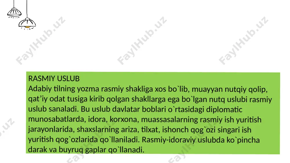 masalalarga tegishli bo‘ladi bu uslub, shuningdek, davlat arboblari o‘rtasidagi diplomatik munosabatlarda, idora,korxona, muassasalarning rasmiy ish yuritish jarayonlarida, shaxslarning ariza, tilxat, ishonch qog‘ozi singari ish yuritish qog‘ozlarida qo‘llaniladí. 模板来自于 http://docer.wps.cn 9 thank you …… 模板来自于 http://docer.wps.cn 10 image2.png image3.jpeg image4.jpeg image5.jpeg image6.jpeg image7.jpeg image8.jpeg image1.png