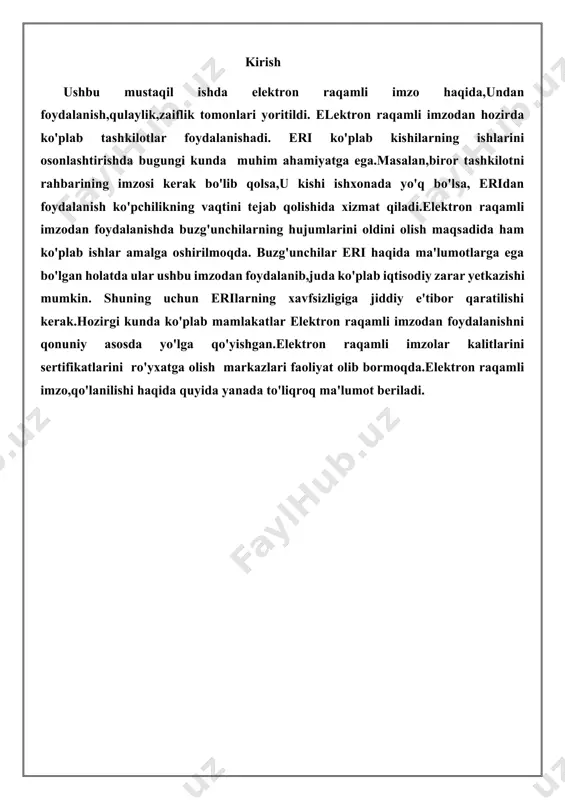 holda hosil qilingan, elektron raqamli imzoning yopiq kalitiga mos keluvchi, axborot tizimining har qanday foydalanuvchisi foydalana oladigan va elektron hujjatdagi elektron raqamli imzoning haqiqiyligini tasdiqlash uchun mo'ljallangan belgilar ketma-ketligi; elektron raqamli imzoning haqiqiyligini tasdiqlash - elektron raqamli imzoning elektron hujjatda elektron raqamli imzo yopiq kalitining egasiga tegishliligi va elektron hujjatdagi axborotda xatolik yo'qligi tekshirilgandagi ijobiy natija kuzatiladi. uzoq masofadan televizion tasvirlarni qabul qilish, uzatish yoki dunyodagi barcha davlatlar bilan telefon aloqasini amalga oshirish uchun xizmat qiladigan yer sun’iy yo'ldoshlarining ishlari ham kompyuter va maxsus dasturga asoslanganligi sir emas. o’zbekiston respublikasida raqamli imzo haqida qonun o‘zbekiston respublikasining “elektron raqamli imzo to‘g‘risida”gi qonuniga muvofiq, elektron raqamli imzo — elektron hujjatdagi mazkur elektron hujjat axborotini elektron raqamli imzoning yopiq kalitidan foydalangan holda maxsus o‘zgartirish natijasida hosil qilingan hamda elektron raqamli imzoning ochiq kaliti yordamida elektron hujjatdagi axborotda xatolik yo‘qligini aniqlash va elektron raqamli imzo yopiq kalitining egasini identifikatsiya qilish imkoniyatini beradigan imzo. elektron …