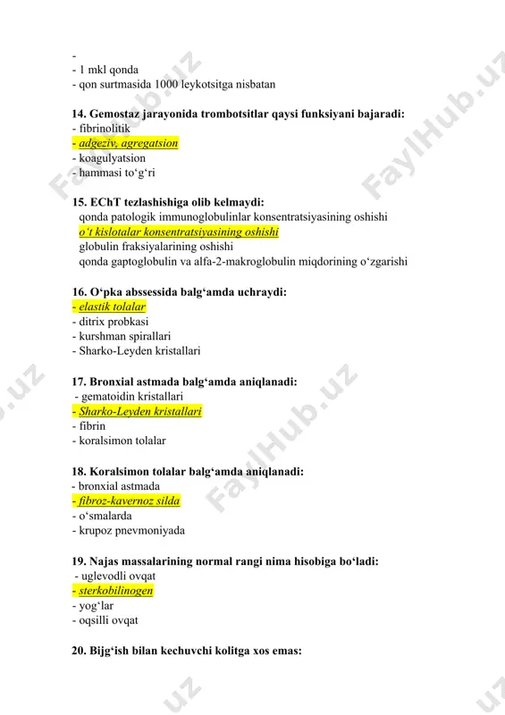 tini yaxshilash imkonini beradi 29. seroz suyuqliklarning asosiy hujayraviy elementlari: · neytrofil · mezoteliy · limfotsit · makrofag 30. "anizotsitoz" nimani bildiradi: -turli xil shakldagi eritrotsitlar -turli xil diametrdagi eritrotsitlar turli xil bo‘yalgan eritrotsitlar - eritrotsitlarning son jihatdan kamligi 31. buyrakning asosiy morfofunksional birligi bu: · kanalcha · nefron · yig‘uvchi naylar · koptokcha 32. "poykilotsitoz" nimani bildiradi: · turli xil diametrdagi eritrotsitlar · turli xil shakldagi eritrotsitlar · eritrotsitlar hajmi · eritrotsitlarning soni 33. najasning normal rangi nima bilan belgilanadi: · uglevodli ovqat · sterkobilinogen · yog‘lar · oqsilli ovqat 34. ginekologiyada sitologik skriningning asosiy vazifasi nimadan iborat: - gormonal xolatni aniqlash · o‘sma oldi protsesslarini va erta rakni aniqlash · bepushtlikni oldini olish · bachadon bo‘yinchasi raki turlarini tarqalishini aniqlash 35. granulotsitar qatorning qaysi hujayralari normada periferik qonga chiqadi: · limfotsitlar, monotsitlar, segmentoyadroli neytrofillar · eozinofillar, bazofillar, plazmatik hujayralar · tayoqcha yadroli va segment yadroli neytrofillar, eozinofillar, bazofillar …