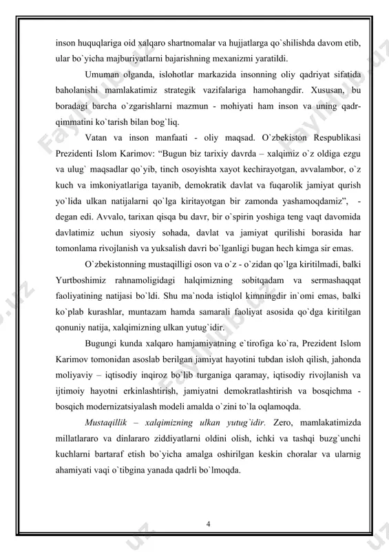 shi prinsipining eng muhim tamoyil sifatida belgilanishi – bularning barchasi davlat qurilishining yо`nalishlarini belgilab berdi. ijro hokimiyatining samarali tizimi va tuzilmalarini yaratish maqsadida tub ma`muriy islohotlar amalga oshirilishi bugungi kunda о`zining ijobiy natijalarini bermoqda. viloyat, tuman va shaharlarda hokimlik instituti joriy etildi. mahalliy о`zini - о`zi boshqarish organi tizimi, mahalla institutini rivojlantirish va mustahkamlash jarayonlari bosqichma- bosqich olib borildi. о`zbekistonda amalga oshirilgan ishlarda ayrim mamlakatlardagidek shoshma - shosharlikka yо`l qо`yilmadi. “demokratiya oroli ” bо`lishga da`vo ham qilinmadi, chetdan tayyor demokratiya modelini ham kiritishga yо`l qо`yilmadi. mamlakatimiz xalqaro hamjamiyat oldida turgan dolzarb muammolarni hal etish ishiga qо`shgan salmoqli hissasi, tashabbuslari evaziga, xalqaro tashkilotlar va tuzilmalar faoliyatidagi samarali ishtiroki orqali о`ziga obrо` orttirmoqda. о`zbekiston – yuksak ma`naviyatni qadrlaydigan yurt. mustaqillik yillarida aholi ong va tafakkurini о`zgartirishnig zarurligini hisobga olish doimo ustuvor bо`lib keldi. yurtboshimizning: “ong va tafakkur о`zgarmasa, hayot о`zgarmaydi”, - degan g`oyasi amalda о`z isbotini topmoqda. yangicha hayotni eskicha ong va …