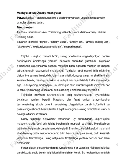tajriba - tabiatshunoslikni o'qitishning yetkachi uslubi — PDF