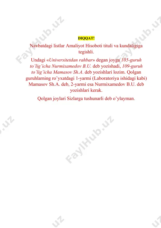 rahbar _______________________ s a m a r q a n d - 2023 yil o‘zbekiston respublikasi oliy ta’lim, fan va innovatsiyalar vazirligi sharof rashidov nomidagi samarqand davlat universiteti ____агробиотехнологиялар ва озиқ овқат хавфсизлиги__ instituti malakaviy amaliyoti bo’yicha talabaning kundaligi ______________________________________________________________ (familiyasi) ______________________________________________________________ (ismi) ______________________________________________________________ (otasining ismi) kurs____________________________guruh__________________________ ta’lim yo’nalishi _________________________________________________ _______________________________________________________________ samarqand – 2023 malakaviy amaliyotni o’tish yo’llanmasi talaba______________________________________________________________ (familiyasi, ismi, sharifi) _malakaviy___amaliyot o’tish uchun ___ samarqand viloyati jomboy tumani _____ (amaliyot turi) ____ samarqand viloyati jomboy tumani “yuksalish g’alla klasteri” mchj _______ (korxona nomi) amaliyot muddati: 2023 yil «__03__»___aprel___dan 2023 yil «_08_»__ aprel __gacha univesitetdan amaliyot rahbari _( hisobot titulidagi rahbar yoziladi: mamasov sh.a. yoki nurmixamedov b.u.)_ (mansabi, familiyasi, ismi, sharifi) korxonadan amaliyot rahbari __________________________________ sh.eshmurodov ____________ (mansabi, familiyasi, ismi, sharifi) m.o’. 20_23_yil «__03__»______04________da korxonaga keldi m.o’. 20_23_yil «_08__»______04________da korxonadan ketdi image1.png image2.png