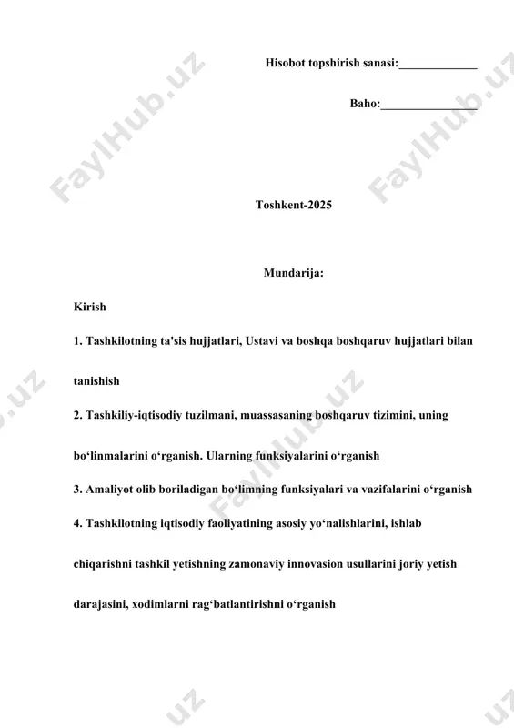 iga sifatli va shaffof xizmat ko‘rsatish imkoniyati yaratildi. toshkent shahar boshqarmasi tarkibida faoliyat yuritayotgan yunusobod tuman inson ijtimoiy xizmatlar markazi – agentlikning tuman darajasidagi muhim bo‘g‘ini sifatida, aholining ijtimoiy himoyaga muhtoj qatlamlariga manzilli yordam ko‘rsatish, ularning ehtiyojlarini aniqlash, zarur xizmatlar bilan ta’minlash hamda ijtimoiy xizmatlarning raqamlashtirilgan tizimini yo‘lga qo‘yishda muhim rol o‘ynamoqda. markazning faoliyati orqali ijtimoiy yordamga muhtoj fuqarolarning farovonligi, jamiyatdagi barqarorlik hamda davlat va fuqarolik jamiyati institutlari o‘rtasidagi aloqalar mustahkamlanmoqda. mazkur ishda yunusobod tuman inson ijtimoiy xizmatlar markazi faoliyati, uning tashkiliy tuzilmasi, amalga oshirilayotgan xizmatlar, muammolar va istiqbolli yo‘nalishlar atroflicha o‘rganilib, amaliy tavsiyalar ishlab chiqiladi. shuningdek, ijtimoiy xizmatlar samaradorligini oshirish bo‘yicha ilg‘or tajribalar tahlil qilinadi. 1. tashkilotning ta'sis hujjatlari, ustavi va boshqa boshqaruv hujjatlari bilan tanishish aholining kam ta'minlangan va zaif qatlamlarini ijtimoiy yordam tizimiga kiritish va ularning mehnat bozoridagi ishtirokini kengaytirish mexanizmlarini takomillashtirish maqsadida bandlik va mehnat munosabatlari vazirligi moliya vazirligi bilan birgalikda jahon banki ishtirokida "аholini ijtimoiy …
