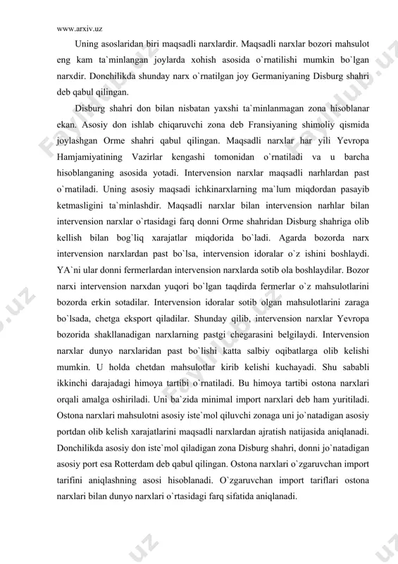 jamiyati davlatlari qishloq xo`jaligi mahsulotlari importi bilan bir qatorda ularning eksporti bilan ham shug`illanadi. qishloq xo`jaligi mahsulotlarining dunyo narxlari, odatda, yevropa davlatlaridagidan ancha past. bunday holda eksportni amalga oshirish ma`lum zararlar bilan bog`liq. ushbu zararlarni qoplash uchun eksport bilan shug`ullanganlarga eksport subsidiyalari beriladi. eksport subsidiyasi dunyo narxlari bilan intervension narxlar o`rtasidagi farq sifatida yuzaga chiqadi. fermerlar eksport bilan shug`ullanishlari uchun maxsus tenderda ishtirok etadilar va uni yutib chiqqanlarga eksport bilan shug`ullanish huquqi beriladi. faqat tenderda yutib chiqqanlargagina eksport subsidiyalari beriladi. bugungi kunda oziq-ovqat ishlab chiqarishni ko`paytirish alohida olingan bir davlatda ma`lum chegaralanishlarga ega. alohida olingan davlatlarning imkoniyatlari cheklangan. bir nechta davlatlarning o`zaro kelishgan holda ishlab chiqarishni tashkil etishlari albatta katta imkoniyatlarni ochadi. birgalashib yagona bir siyosat orqali qishloq xo`jaligi ishlab chiqarishini yuritishning samaradorligini yevropa hamjamiyati misolida ko`rish mumkin. bugungi kunda markaziy osiyo davlatlarining agrar sohadagi imkoniyatlarini kelishilgan holda amaliyotga qo`llash juda katta samara berishi mumkin. keyingi yillarda bu borada katta …