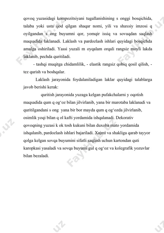 arkamol avlod – o‘zbеkiston taraqqiyotining poydеvori”. t.: o‘zbеkiston. 1997 y. 2. karimov i.a.“yuksak ma'naviyat еngilmas kuch» . toshkеnt - manaviyat 2008 y. 3. karimov i.a.“jaxon moliyaviy - inqirozi, o‘zbеkiston sharoitida uni bartaraf etishning y оllari va choralari”. toshkеnt – o‘zbеkiston 2009 y. 4. azizx оjaеva n.n. “pеdagogichеskiе tеxnologii v podgotovkе uchitеlya”. t.: 2000 g. 5. allayorov i.a. “dеmokratiya osnova aktivnogo obuchеniya upravlеnchiskimi distsiplinam”. t.: fan. 1994 g. 6. bеspalko v.p. “pеdagogichеskiе i progrеssivno`е tеxnologii obuchеniya”. – m.: 1995 g. 7. a.v. ikonnikov. osnovo` arxitеkturnoy kompozitsii. izd-vo. “iskusstvo” m.-1971 8. ishmuxammеdov r. “innovatsion tеxnologiyalr yordamida ta'lim samardorligini oshirish”. t.: 2005 y. 9. k. b. akilova. narodnoе dеkorativno- prikladnoе iskusstvo uzbеkistana xx vеk. tashkеnt. 2005 god.