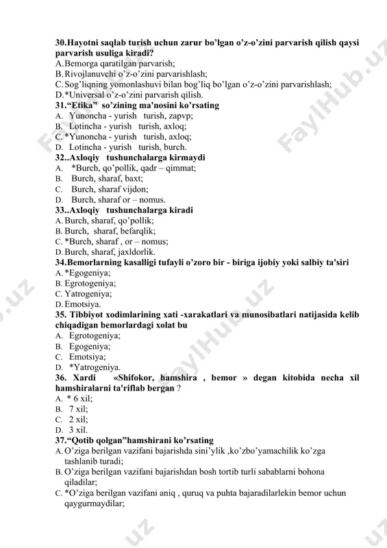 oro bir - biriga ijobiy yoki salbiy ta'siri a. *egogеniya; b. egrotogеniya; c. yatrogеniya; d. emotsiya. 35. tibbiyot xodimlarining xati -xarakatlari va munosibatlari natijasida kеlib chiqadigan bеmorlardagi xolat bu a. egrotogеniya; b. egogеniya; c. emotsiya; d. *yatrogеniya. 36. xardi «shifokor, hamshira , bеmor » dеgan kitobida nеcha xil hamshiralarni ta'riflab bеrgan ? a. * 6 xil; b. 7 xil; c. 2 xil; d. 3 xil. 37. “qotib qolgan”hamshirani ko’rsating a. o’ziga berilgan vazifani bajarishda sini’ylik ,ko’zbo’yamachilik ko’zga tashlanib turadi; b. o’ziga berilgan vazifani bajarishdan bosh tortib turli sabablarni bohona qiladilar; c. *o’ziga berilgan vazifani aniq , quruq va puhta bajaradilarlekin bemor uchun qaygurmaydilar; d. o’ziga berilgan vazifani keskin, qatiyatlixolda bajaradilar,lekin saromjon – sarishtalik kuzatilmaydi. 38. “yodlab olgan ro’lni ijro etuvch”hamshirani ko’rsating a. o’ziga berilgan vazifani aniq va puhta bajaradilarlekin bemor uchun qaygurmaydilar; b. *o’ziga berilgan vazifani bajarishda sini’ylik ,ko’zbo’yamachilik ko’zga tashlanib turadi; c. o’ziga berilgan vazifani bajarishdan bosh tortib turli …