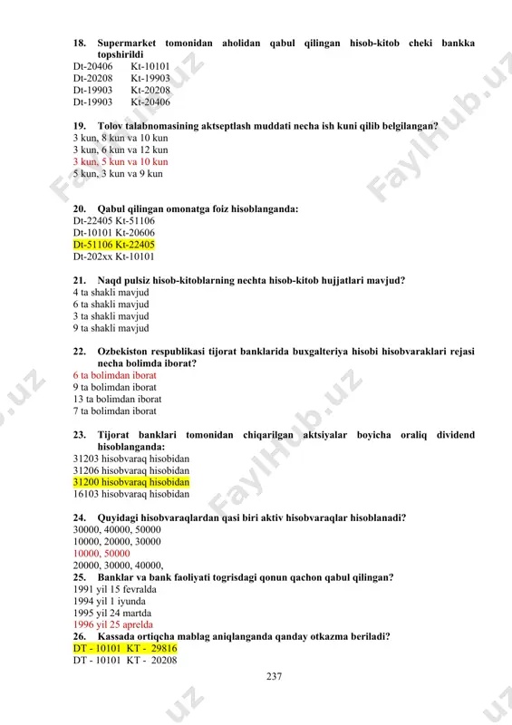 yidagi hisobvaraqlardan qasi biri aktiv hisobvaraqlar hisoblanadi? 30000, 40000, 50000 10000, 20000, 30000 10000, 50000 20000, 30000, 40000, 25. �banklar va bank faoliyati� to�g�risdagi qonun qachon qabul qilingan? 1991 yil 15 fevralda 1994 yil 1 iyunda 1995 yil 24 martda 1996 yil 25 aprelda 26. kassada ortiqcha mablag� aniqlanganda qanday o�tkazma beriladi? dt - 10101 kt - 29816 dt - 10101 kt - 20208 dt - 29816 kt � 10101 dt - 10101 kt - 29804 27. hissadorlarga hisoblangan dividendlar to�lab berilganda qanday buxgalteriya o�tkazmalari amalga oshiriladi? debet - 29822 kredit - 10101 debet -10101 kredit - 29822 debet - 20208 kredit - 10101 debet - 31203 kredit � 10101 28. o�zbekiston respublikasining �buxgalteriya hisobi to�g�risida�gi qonuniga ko�ra tijorat banklarining buxgalteriya hisobi qaysi tashkilot tomonidan tartibga solinadi? moliya vazirligi tomonidan soliq qumitasi tomonidan markaziy bank tomonidan o�zbekiston respublikasi oliy majlisi tomonidan 29. bank rahbari memorial orderlarga qaysi hollarda imzo chekishi …
