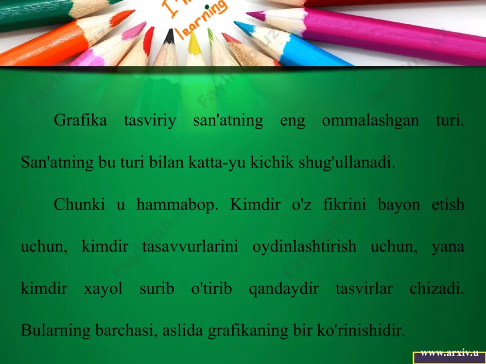 ng boshlariga kelib kitob ishlab chiqarish san'at sohasidan industriyaga aylanib bordi. yevropadan awaliga o'rta sharq mamlakatlariga, xix asrning 60-yillarida turkistonga yevropacha kitob nashr qilish texnikalarining kirib kelishi, shuningdek, yevropalik kitob bezovchi rassomlarning bu yerda qo'nim topishi asrlar davomida shakllangan an'analarning inqirozga uchrashiga olib keldi. kitoblarni texnika yordamida nashr etishni yo'lga qo'yilishi mahsulotlaming badiiy darajasi emas, balki soniga e'tibor berishni taqozo etdi. toshkent, xiva, samarqand, andijon, qo'qon, marg'ilonda litografiya usulida kitob chiqarish uskunalarini ishga tushirilishi turkiston va yevropada nashr etilayotgan kitoblarni amalda bir xil bo'lishiga olib keldi. shu davrga kelib jamiyatning kitobga bo'lgan ehtiyojini to'la-to'kis qondirish uchun uni industrlashtirish tabiiy holga aylandi. o'zbek kitob grafikasi san'atining milliy an'analarini tiklash va rivojlantirishda o'z ijod yo'lini xx asrning 30- yillarida boshlagan iskandar ikromovning faoliyati muhim ahamiyat kasb etdi. www.arxiv.uz iskandar ikromov (53-rasm) (1904 — 1972) — o'zbekiston xalq rassomi, taniqli kitob naqqoshi 1904-yilda toshkent shahrining eski jo'va mavzeida tavallud topgan. bo'lajak rassomning otasi …