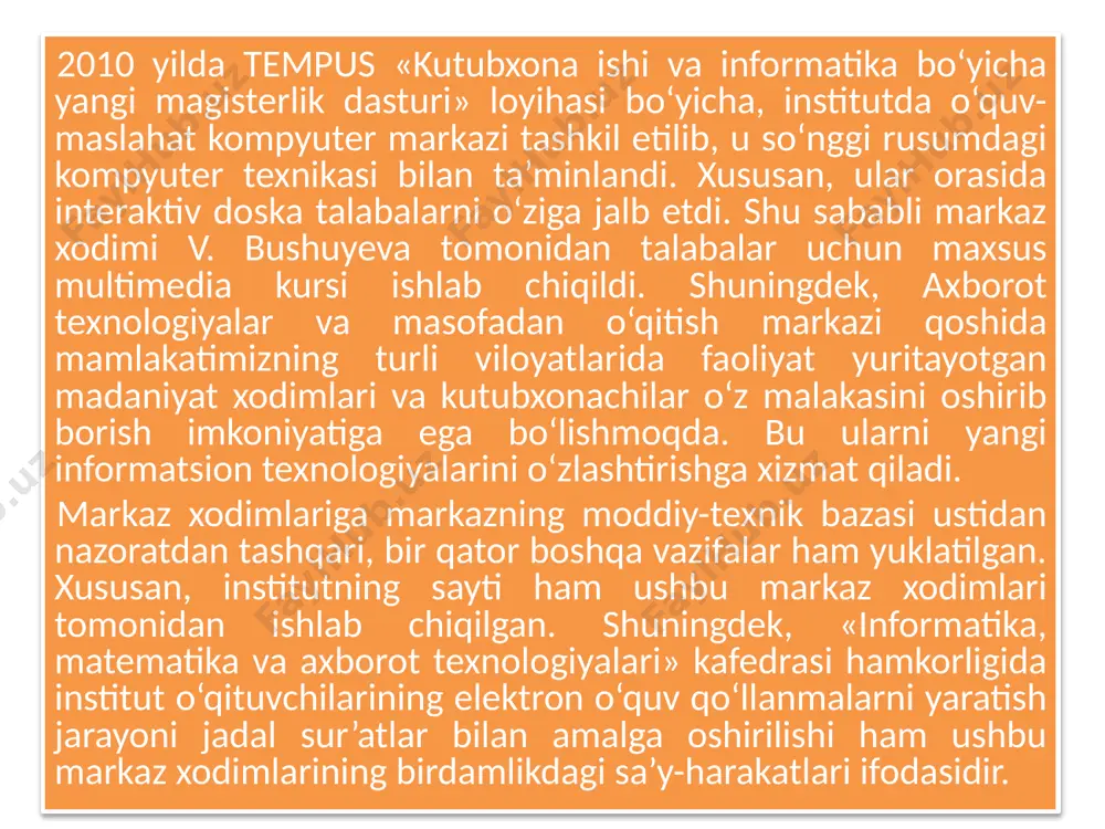 qitish jarayoni o`quvchilarning ham hududiy, zam vaqt bo`yicha joylashishiga bog`liq bo`lmaydi. masofaviy o`qitishning axborot - ta'lim muhiti o`z ichiga axborotlar, axborot rеsurlari, o`zaro-munosabatlar protokollari, apparat - dasturlar va tashkiliy uslubiy ta'minotlardan iborat tizimli- tashkiliy to`plam vositalarini oladi hamda foydalanuvchilarning ta'limga bo`lgan ehtiyojlarini qanoatlantirishga yo`naltiriladi. masofaviy o`qitish an'anaviy o`qitish shakllaridan quyidagi haraktеrli xususiyatlar bilan ajralib turadi. moslanuvchanligi. xohlagan vaqtda, xohlagan joyda va sur'atda shug`ullanish imkoniyati. fanni egallashga ajratilgan vaqtning chеgaralanmaganligi. modulliligi. mustaqil fanlar kurslaridan- modullardan individual yoki guruh ehtiyojlariga javob bеradigan o`quv rеjalarini shakllantirish. parallеllik. kasbiy faoliyati yoki boshqa o`quv yurtlaridagi o`qishi bilan parallеl holda ta'lim olish. qamrab olish. bir vaqtning o`zida o`quv axboratlarining bir qancha manbalariga (elеktron kutubxonalar, axborot bazalari, bilimlar bazalari va h.k.), o`quvchilarning ko`pchiligi murojaat qilishi. aloqa to`rlari orqali bir-birlari va o`qituvchilar bilan muloqotda bo`lishi. iqtisodiyligi. o`quv xonalari, tеxnika vositalaridan samarali foydalanish, o`quv axborotlari mujassamlashgan va unifikatsiyalashgan holda taqdim qilish va unga multi erishish o`quv jarayonlarini tashkil etish …