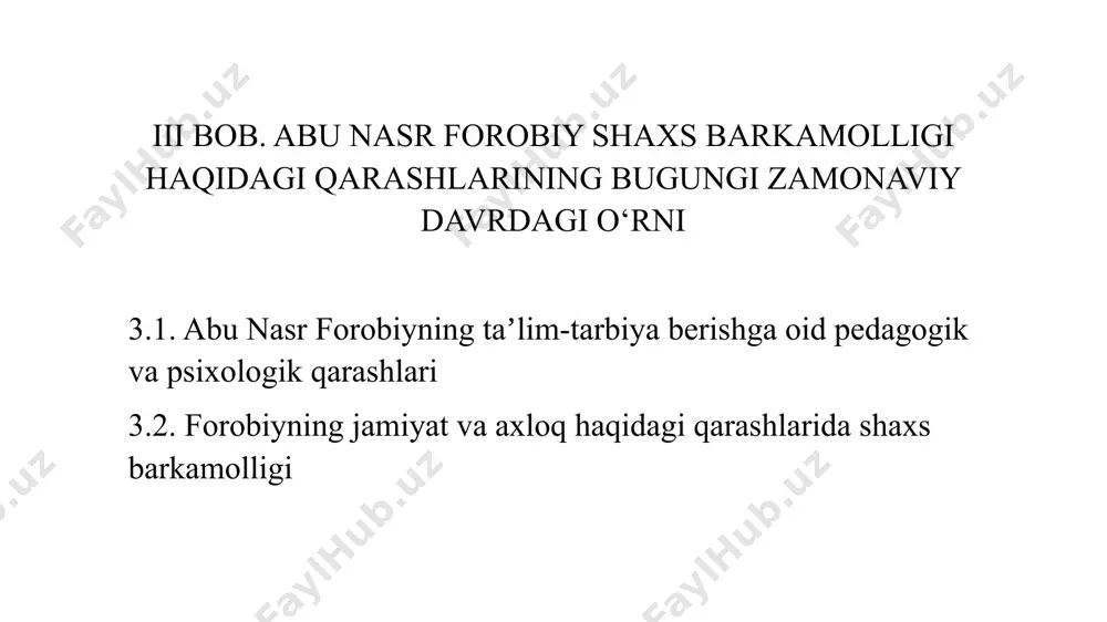 ga erishishiga ko'maklashish deb bilgan. uning fikricha, barkamol inson aql-zakovatli, axloqli, adolatli, halol, mehnatkash, vatanparvar va jamiyatning foydali a'zosi bo'lishi kerak. forobiyning ta'lim-tarbiyaga oid qarashlari o'z davri uchun juda ilg'or bo'lgan va hozirgi kunda ham o'z ahamiyatini yo'qotgani yo'q. uning g'oyalari bugungi kunda ham ta'lim-tarbiya tizimini takomillashtirish, yosh avlodni barkamol shaxslar qilib tarbiyalash borasida muhim nazariy va amaliy asos bo'lib xizmat qilmoqda forobiy borliq muammosini «vujudi vojib» va «vujudi mumkin ta'limotidan kelib chiqqan holda tushuntiradi. uningcha, «vujudi vojib» barcha mavjud yoki paydo bo‘lishi mumkin bo‘lgan narsa, jism va moddalarning birinchi sababchisidir. forobiy allohga birinchi sabab, birinchi mohiyat, deb ta'rif beradi. alloh birinchi sabab sifatida boshqa sabab va turtkiga muhtoj emas. u yaratadi, lekin boshqa narsalar tomonidan yaratilmaydi. «vujudi mumkin» esa barcha yaratilgan, mavjud bo‘lgan va yaratilajak narsa va ashyolarni anglatadi. forobiy tabiat, ashyo va jismlarning turli shakllari muayyan izchillik va zaruriyat bo‘yicha yuz beradigan tadrijiy jarayonlar asosida paydo bo‘ladi, deb …