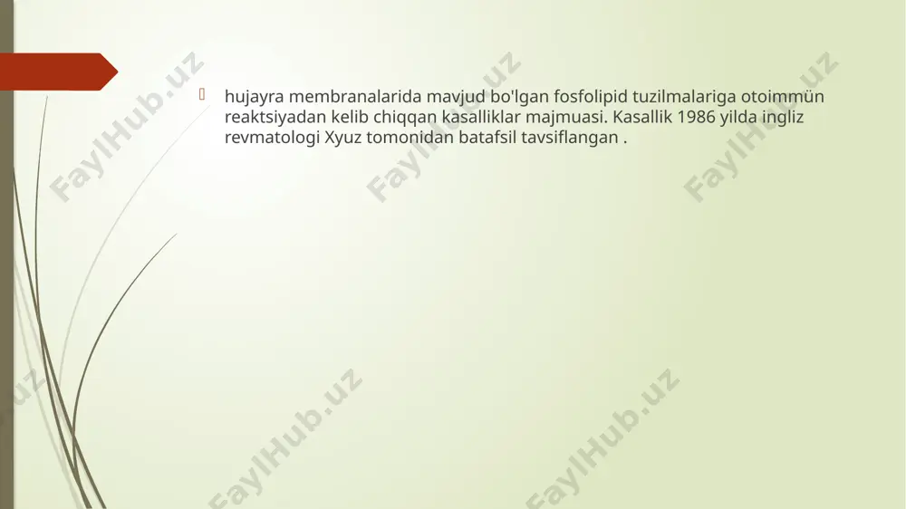 n bo'lgan har qanday asosiy kasallik bilan aloqasi yo'q; ikkilamchi - antifosfolipid sindromi boshqa otoimmün patologiya fonida rivojlanadi; katastrofik - o'tkir koagulopatiya , ichki organlarning ko'plab trombozlari bilan yuzaga kelgan; apl antifosfolipid sindromining salbiy varianti bo'lib, unda kasallikning serologik belgilari aniqlanmaydi ( ab dan kardiolipin va qizil yuguruk antikoagulyantlari). antifosfolipid sindromining belgilari hozirgi fikr, antifosfolipid sindromi otoimmün trombotik vaskulopatiyadir . apsda shikastlanish turli o'lchamdagi va joylashgan tomirlarga (kapillyarlar, katta venoz va arterial magistrallarga) ta'sir qilishi mumkin, bu juda xilma-xil klinik ko'rinishlarni, shu jumladan venoz va arterial tromboz, akusherlik patologiyasi, nevrologik, yurak-qon tomir, teri kasalliklari, trombotsitopeniyani keltirib chiqaradi. antifosfolipid sindromning eng keng tarqalgan va tipik belgisi takroriy venoz trombozdir: pastki ekstremitalarning yuzaki va chuqur tomirlarining trombozi, jigar venalari, jigar portal venasi, retinal venalar. antifosfolipid sindromi bo'lgan bemorlarda o'pka emboliyasi, o'pka gipertenziyasi, yuqori vena kava sindromi, budd-chiari sindromi va buyrak usti bezlari etishmovchiligining takroriy epizodlari bo'lishi mumkin . antifosfolipid sindromdagi venoz tromboz …
