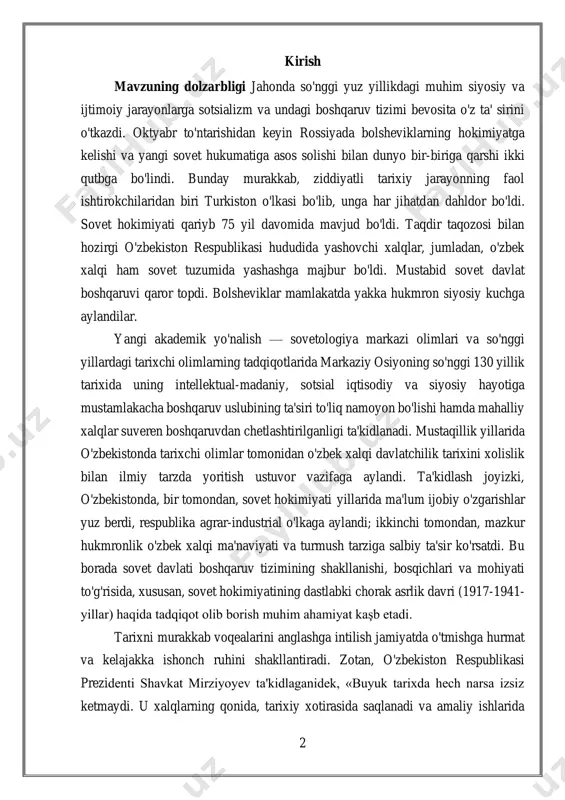 illik yillarida o'zbekistonda tarixchi olimlar tomonidan o'zbek xalqi davlatchilik tarixini xolislik bilan ilmiy tarzda yoritish ustuvor vazifaga aylandi. ta'kidlash joyizki, o'zbekistonda, bir tomondan, sovet hokimiyati yillarida ma'lum ijobiy o'zgarishlar yuz berdi, respublika agrar-industrial o'lkaga aylandi; ikkinchi tomondan, mazkur hukmronlik o'zbek xalqi ma'naviyati va turmush tarziga salbiy ta'sir ko'rsatdi. bu borada sovet davlati boshqaruv tizimining shakllanishi, bosqichlari va mohiyati to'g'risida, xususan, sovet hokimiyatining dastlabki chorak asrlik davri (1917-1941- yillar) haqida tadqiqot olib borish muhim ahamiyat kaşb etadi. tarixni murakkab voqealarini anglashga intilish jamiyatda o'tmishga hurmat va kelajakka ishonch ruhini shakllantiradi. zotan, o'zbekiston respublikasi prezidenti shavkat mirziyoyev ta'kidlaganidek, «buyuk tarixda hech narsa izsiz ketmaydi. u xalqlarning qonida, tarixiy xotirasida saqlanadi va amaliy ishlarida 3 namoyon bo'ladi. shuning uchun ham u qudratlidir. tarixiy merosni asrab-avaylash, o'rganish va avlodlardan avlodlarga qoldirish davlatimiz siyosatining eng muhim ustuvor yo'nalishlaridan biridir»1. o'zbekiston taraqqiyotining zamonaviy bosqichida davlat boshqaruvi organlari faoliyatining obyektiv tahlili, aholi bilan ochiq va to'g'ridan-to'g'ri muloqot …