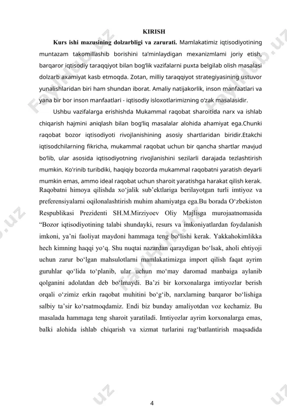 arning turlari; · narxlar ustidan nazorat qilish darajasi; - tarmoqqa kirish va chiqish sharoitlari va boshqalar. bozor tuzilmalarining xilma-xilligiga qaramasdan odatda uning to‘rtta turi (bozor modeli) ajratiladi.bular: 1) sof raqobat yoki mukammal raqobat; 2) monopolistik raqobat; 3) oligopoliya; 4) sof monopoliya. bu tuzilmalarning har biri avvalo korxonalarning bozor narxiga ta’sir eta olishi bilan farqlanadi. qanchalik bu ta’sir kam bo‘lsa, shunchalik bozor raqobatli hisoblanadi. ko‘rsatilgan bozor modellarini real voqelik bilan solishtirilganda, sof (mukammal) raqobat va monopoliya juda kam hollarda uchraydi, monopolistik raqobat va oligopoliya hayotda ko‘proq uchraydi. mukammal yoki sof raqobat - bu bozor tuzilmasi bo‘lib, bunda individual xaridorlar va sotuvchilar yakka o‘zi bozor narxiga ta’sir qilolmaydilar, balki uni bozor talabi va bozor taklifiga qo‘shgan umumiy hissalari bilan shakllantiradilar. 1.2-jadva bozor tuzilmalari bozor tuizilmasi mukammal raqobat mukammal bo'lmagan raqobat belgilar sof monopoliya oligopoliya monopolistik raqobat firmalar soni juda ko'p bitta korxona (tarmoq ) bir nechta ko'p mahsulot standartlash tirilgan noyob (o'rnini …