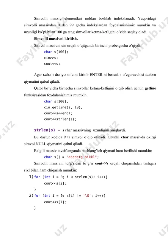 ut >s birinchi probelgacha bo’lgan satrni o’qiydi. bir qatorni to’liq kiritish uchun getline dan foydalanamiz: string s; getline(cin, s); cout using namespace std; int main() { string s; getline(cin, s); for (int i = 0; i using namespace std; int main() { string s; getline(cin, s); // qatorni kiritamiz s += " "; // ohiriga bitta probel qo'shamiz string words[1000]; // so'zlarni saqlash uchun massiv int cnt_w = 0; // so'zlarning soni o'zgaruvchisi, dastlabki qiymari nol int begin_index = 0;// navbatdagi so'zning boshlang'ich indeksini saqlaydigan o'zgaruvchi, birinchi so'z nolinchi indeksdan boshlanadi for (int i = 0; i = 'a' && words[i][0] >s orqali navbatdagi so’zni o’qib olamiz va uni massivga joylashtiramiz. while sikli ichiga yozsak kiritishni to’xtatmagunga qadar o’qib oladi. crtl+z orqali to’xtatiladi. #include using namespace std; int main() { string words[1000]; string s; int cnt_w = 0; while (cin>>s) { words[cnt_w++] = s; } for (int i = 0; …