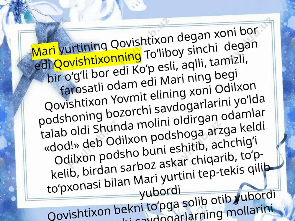 ib, mollarini o‘lja qilib, lashkarlarimga talatib yuboraman! urush boshlanadi, shu kuni jang to‘qqiz soat davom etadi odilxon podsho shohdorxon podshodan g‘olib keladi shohdorxon podsho odilxondan muhlat so‘raydi va qo‘lga tushgan mullavachchalarni qo‘yib yuboradi shohdorxonning hamza degan bir odami ravshanni o‘g‘il qilib olmoqchi boiib, bir sandiqqa solib qo‘yadi odilxonning beklaridan jig‘alixonning o‘g‘li gajdumbek bilan qizi bibi hilol ham bulaing ichiga qo‘shilib, o‘lja bo‘lib ketadi urush tamom bo‘lib, podsholar o‘z taraflariga qaytadilar odilxon ravshanxon o‘lgan deb o‘ylab, undan umidini uzadi shohdorxon o‘z yurti zargarga yetib kelgach, ertasiga uning xos xizmatkori odilxon odamlaridan bir ayol, bir erkak bandi boiib kelganini aytadi shohdorxon gajdumbekka yasovul boshliq amalini beradi, gajdumbek shahardan uzoqroq yerdan sakkiz oshyonlik imorat soladi oradan yetti yil o‘tib ketadi, gajdumbekning singlisi bibi hilolning bo‘yi yetib qoladi hamza ravshanbekni o‘g‘il qilib, uni yaxshi parvarish qiladi ravshanbek ko‘rganlar havasda, ko‘rmaganlar armonda, kamsiz, suluv-xushro‘y yigit bo’ladi shohdorxonning tushi guburlarim, bugun uxlab tush ko‘rdim, men tushimda …