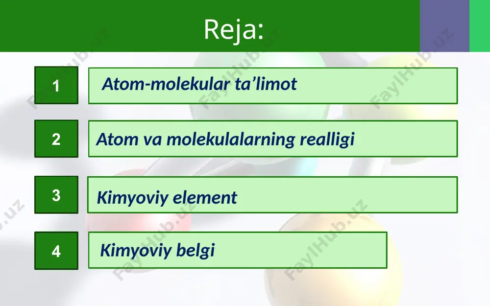 ndning suvda erishi va boshqa shunga o‘xshash hodisalar molekulalar mavjudligi hamda doimo harakatda ekanligini ko‘rsatadi. molekulalar atomlardan tashkil topgan. suv molekulalarini maxsus asbobda elektr toki yordamida parchalash mumkin. bir trubkada to‘plangan gaz hajmi ikkinchi trubkadagi gaz hajmidan ikki barobar ko‘proq bo‘ladi. hajmi ko‘proq gaz yonadi. bu – vodorod. hozirgi kunda atomlarning 118 ta turi – 118 ta kimyoviy element mavjudligi ma’lum. koinotdagi barcha jonli va jonsiz tabiat asosan ana shu kimyoviy elementlardan tashkil topgan. image2.jpg image3.jpeg image4.jpeg image5.jpeg image6.jpeg image7.jpeg image8.jpeg image9.jpeg image10.jpeg image11.jpeg image12.jpeg image13.jpeg image14.jpeg image15.jpeg image16.jpeg image17.jpeg image18.jpeg image19.png image20.jpeg image1.jpg