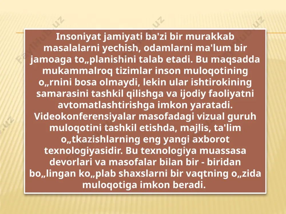 y materiallar va ularni tezkor usulda olish axborotkommunikatsiyalar texnologiyalarining rivojlanib borayotganligi evaziga erishilmoqda. axborot texnologiyasi tizim sifatida boshqarish sub'ektida shakllanadi, shu sababli ham axborot texnologiyasi boshqarish sub'ektining ustqurmasi hisoblanadi. axborotli texnologiyaning shakllanishi uchun quyidagi unsurlarning bo„lishi shart: 1. mutaxassislar; 2. texnik vositalar; 3. axborotlar. shuning uchun ham axborotli texnologiya boshqarish funksiyalarini ifodalovchi axborotlarni yig„ish, jamlash, uzatish, saqlash va boshqa jarayonlarni amalga oshiruvchi “inson mashina tizimi” deb yuritiladi. axborot odamlar o„rtasida uzatiladigan ma'lumotlar hisoblanib, ijtimoiy - iqtisodiy taraqqiyot darajasini belgilashda katta ahamiyatga ega bo„lib qoldi. axborotlar ta'lim – tarbiya jarayonlarini boshqarishda asosiy manbaa bo„lib hisoblanadi, chunki ular ob'ektdan olingan axborotlarni tizimlarga (qismlarga) ajratish va qayta ishlash hamda kerakli maqsadlar bo„yicha uzatish algoritmlarini amalga joriy etishga keng imkoniyatlar yaratadi. axborot voqyea va hodisalar haqidagi ma'lumotlarni beradi. hodisa, voqyealar mazmun – mohiyatini ochib beradi. axborot termini kishilik jamiyatining barcha jabhalarida qo„llaniladi va ular asosida ta'lim – tarbiya jarayoni olib boriladi hamda pedagogik faoliyat …
