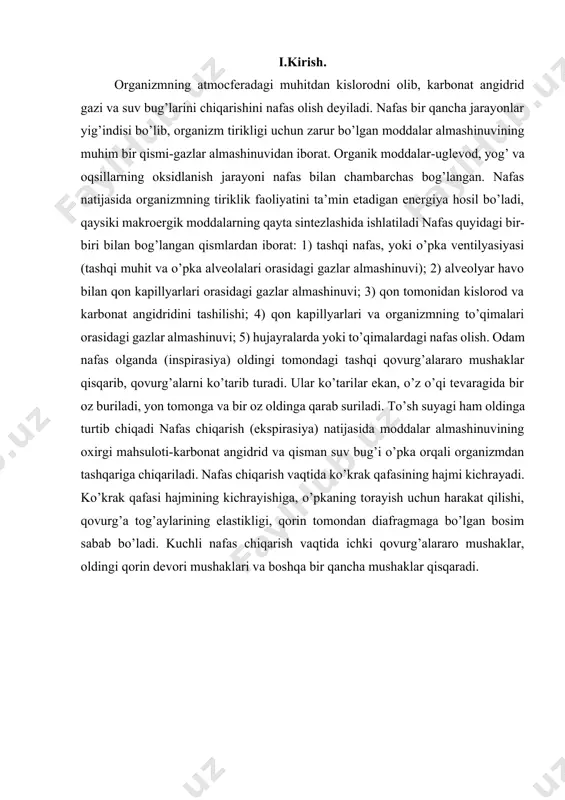 bir qancha mushaklar qisqaradi. fotosintez jaraenida hosil bo`lgan shakarlar va boshqa organik mod-dalar o`simlik xujayralarining asosiy ozika moddalari hisoblanadi. bu organik moddalar tarkibida ko`p miқdorda kimyoviy energiya to`plaib, nafas olish jaraenida ajralib chikadi va xujayradagi barcha sintetik reaktsiyalarni energiya bilan ta`minlaydi. o`simliklar xujayralarida bo-radigan oksidativ reaktsiyalar organik moddalarning kislorod ishtiro-kida anorganik moddalarga (so2 va n2o) parchalanishi va kimyoviy energiya ajralib chiқish jarayoni nafas olish deyiladi. bu jarayonning shakliy tenglamasini kuyidagicha ko`rsatish mumkin: s6n 12 06 + 6o2 6so2 + 6n2o + energiya ( 2875kdj mol). nafas olish muhim fiziologik jarayon bo`lib, barcha tirik organizm-larga xos xususiyatdir. bunda uglevodlar muxim ahamiyatga ega. birok, ugle-vodlarning tirik organizmlarda bajaradigan vazifasi fakat ularga energiya yetkazib berish bilan yakunlanmaydi. ularning parchalanishida bir kagor oraliқ birikmalar hosil bo`ladi. bu birikmalar o`simliklar tanasida uch-raydigan boshqa organik moddalarning (yorlar, aminokislotalar va boshқalar) asosini tashqil etadi. demak, o`simlik tanasidagi organik moddalarning turli xilligida nafas olishning ahamiyati katta. lekin o`simliklarning …