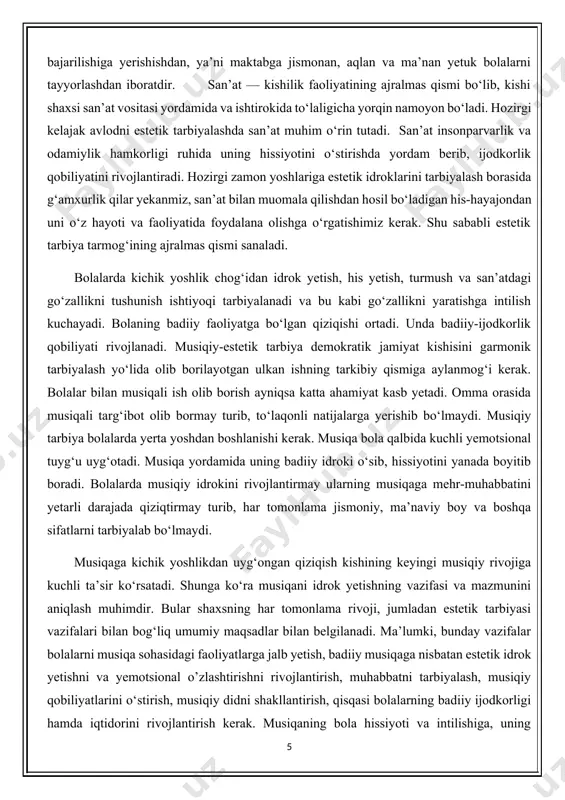 an’at insonparvarlik va odamiylik hamkorligi ruhida uning hissiyotini o‘stirishda yordam berib, ijodkorlik qobiliyatini rivojlantiradi. hozirgi zamon yoshlariga estetik idroklarini tarbiyalash borasida g‘amxurlik qilar yekanmiz, san’at bilan muomala qilishdan hosil bo‘ladigan his-hayajondan uni o‘z hayoti va faoliyatida foydalana olishga o‘rgatishimiz kerak. shu sababli estetik tarbiya tarmog‘ining ajralmas qismi sanaladi. bolalarda kichik yoshlik chog‘idan idrok yetish, his yetish, turmush va san’atdagi go‘zallikni tushunish ishtiyoqi tarbiyalanadi va bu kabi go‘zallikni yaratishga intilish kuchayadi. bolaning badiiy faoliyatga bo‘lgan qiziqishi ortadi. unda badiiy-ijodkorlik qobiliyati rivojlanadi. musiqiy-estetik tarbiya demokratik jamiyat kishisini garmonik tarbiyalash yo‘lida olib borilayotgan ulkan ishning tarkibiy qismiga aylanmog‘i kerak. bolalar bilan musiqali ish olib borish ayniqsa katta ahamiyat kasb yetadi. omma orasida musiqali targ‘ibot olib bormay turib, to‘laqonli natijalarga yerishib bo‘lmaydi. musiqiy tarbiya bolalarda yerta yoshdan boshlanishi kerak. musiqa bola qalbida kuchli yemotsional tuyg‘u uyg‘otadi. musiqa yordamida uning badiiy idroki o‘sib, hissiyotini yanada boyitib boradi. bolalarda musiqiy idrokini rivojlantirmay ularning musiqaga mehr-muhabbatini yetarli …