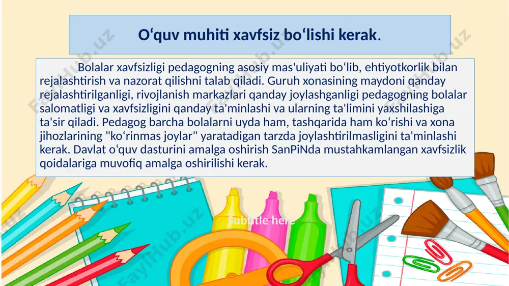 ining niqoblari (kattalari va bolalariniki), ertak qahramonlari niqoblari. teatr tomoshalarining kichik shakllari uchun jihozlar (qo‘g‘irchoq teatri va boshqalar): stol teatri uchun katta yoki kichik to‘sinli parda; tayyor o‘yinchoqlarning atributlari va to‘plamlari (kichik va o‘rta o‘lchamdagi shakllar) yoki stol teatri manzarasi elementlari sifatida hajmli va yassi o‘yinchoqlar ishlab chiqarish uchun yarim tayyor mahsulotlar; kattalar yoki bolalar qo‘liga mutanosib bo‘lgan atributlar (qo‘lqopli yoki barmoqli) va qo‘g‘irchoqlari to‘plami (bolalarga ko‘rsatish uchun). subtitle here subtitle here til va nutq markazi uchun: jihozlar: stol (1), stullar (2-4); jihozlar va bolalar adabiyotlarini saqlash uchun ochiq javonlar; magnit doska; yumshoq bolalar mebellari (divan, kreslo); televizor yoki eshitish vositali audio markaz. materiallar: qirqiladigan rasmlar; pazllar; rasmli kubiklar to‘plami; loto; domino; juftli kartochkalar (xotira o‘yinlari); bolalarning yosh imkoniyatlariga muvofiq qoidalari bo‘lgan boshqa stolbosma o‘yinlari (yurish o‘yinlari va h.k.); boshqotirma oʻyinlari (masalan, tangram va boshqalar); alifbo plakati; magnitli alifbo; harfli va bo‘g‘inli kubiklar; qora va rangli qalamlar, flomasterlar; trafaretlar; lineykalar; …
