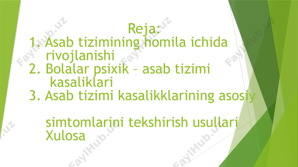 arda nerv hujayralari kislorod yetishmovchiligidan nobud bo' lishi, gipoksik ensefalopatiya sifatida namoyon bo' ladi. yangi tug’ilgan chaqaloqlar bosh miyasining barcha beshta qismi anatomik tuzilishi jihatdan kattalarniki bilan bir xil. yangi tug’ilgan chaqaloqlarda bosh miya po' stlog’i hali yetilmagan bo' ladi. u oliy nerv faoliyati shakllanishini ta'minlaydi va barcha miya qismlaridan kechroq, 5-6 yoshga kelib shakllanadi. nerv tolalarining miyelinizasiyasi nerv hujayralarining tanasidan boshlab, periferik qismi tomon asta sekin rivojlanadi va 3-5 yoshga kelib tugallanadi. nerv tizimining asosiy hujayrasi - neyrotsit. kattalarda bunday hujayralar 16 mlrd. biroq, tarqoq holatdagi diffuz joylashgan yyetuk neyrotsitlar hujayralarning umumiy miqdorini faqat 25%ini tug’ilish davrida tashkil qiladi. agar katta kishilardagi bosh miyasining hujayralar soni 100% deb olinsa, 6 oylikda 66%, 1 yoshda - 90-95% shakllangan bo' ladi. shu sabab, bolalarning asab tizimidagi kasalliklari 1,5 yoshgacha aniqlanishi zarur, chunki kech qolib davolash yaxshi natija bermaydi. bolalar psixik- asab tizimi kasalikllari nevrozlar. nevrozlar 3 turda bo`ladi: nevrosteniya, isteriya, psixosteniya. …