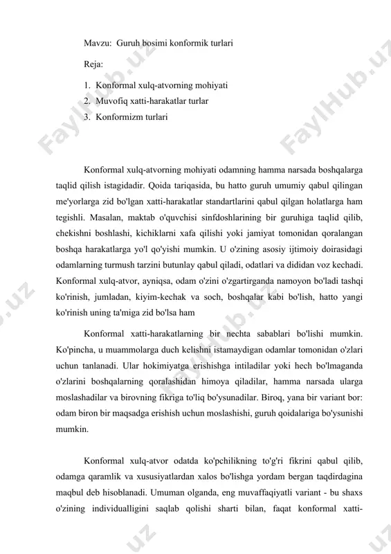 boshqalar bilan yaxshi munosabatlarni saqlashga imkon beradi. muvofiq xatti-harakatlar turlari muvofiq xatti-harakatlarning ikkita asosiy turi mavjud - ichki va tashqi. birinchi holda gaplashamiz inson bir guruh fikrini o'zinikidek qabul qiladigan vaziyatlar haqida shaxsiy fikr. ikkinchisida, u ma'lum bir jamiyatda qabul qilingan ma'lum chegaralarga faqat yuzaki amal qiladi - masalan, u kiyish odatiy bo'lgan kiyimlardan foydalanadi, u maxsus odob-axloq qoidalariga rioya qiladi. konformal xatti-harakatlarning yana uchta qo'shimcha turi mavjud. birinchisi, bo'ysunish, agar inson talablarni faqat tashqi tomondan bajarsa va guruhning unga ta'siri faqat bitta aniq vaziyat bilan chegaralanadi. ikkinchisi - identifikatsiya, odamlar boshqalarga taqlid qila boshlaganlarida, xatti-harakatlar qoidalariga qat'iy rioya qilishadi va buni boshqalardan kutishadi. uchinchisi - ichkilashtirish, ya'ni. shaxs va guruh vakillarining qadriyatlari, didlari, afzalliklari tizimining to'liq mos kelishi. muvofiqlik (ijtimoiy konformizm, muvofiqlik) shaxs tomonidan ma'lum bir guruh yoki jamiyatda qabul qilingan yoki hukmron bo'lgan me'yorlar, munosabatlar, tushunchalar, qarashlar va xatti-harakatlarning o'zgarishi. o'z navbatida, normalar bir guruh shaxslar tomonidan baham …