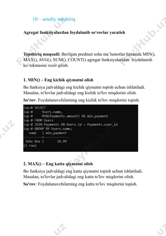 ount() esa yozuvlar sonini aniqlashda ishlatiladi. bu funksiyalar ma'lumotlar bazasini tahlil qilishni soddalashtiradi va foydalanuvchiga kerakli statistika va analizlarni tezda olish imkonini beradi. foydalanilgan adabiyotlar: https://www.postgresql.org/docs/ https://www.postgresql.org/docs/ https://www.postgresql.org/docs/ https://www.postgresql.org/docs/
