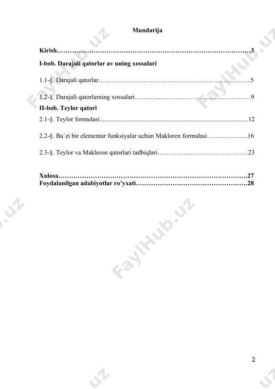 ensial tenglamalar kursida differensial tenglamalarni yechish usullari o’rganiladi. lekin tenglamalarning aksariyat qismi kvadraturalarda yechilmasligi sababli bu fanni o’rganish davomida kvadraturalarda yechilmaydigan differensial tenglamalarni darajali qatorlar yordamida yechish mumkinligi xaqida ma’lumotlar berib o’tiladi, lekin bu ma’lumotlar qisqa va yetarlicha emasdir. buning natijasida izlanuvchilar differensial tenglamalarni darajali qatorlar yordamida yechish usullaridan batafsil xabardor bo’la olmaydilar. oddiy differensial tenglamalrni darajali qatorlar yordamida yechish masalasini maxsus funksiyalar yordamida yoritish, misollarni ko’rib chiqish differensial tenglamalarni yechish soxasidagi dolzarb masala bo’lib xisoblanadi. bu kurs ishini tayyorlash uchun avvalo oddiy differensial tenglamalar kursidan chiziqli oddiy differensial tenglamalar, maxsus funksiyalar mavzularini, shuningdek matematik analiz kursidan darajali qatorlar keng ma’noda puxta o’rganib chiqishga harakat qildim. o’rgangan materiallar asosida chiziqli differensial tenglamalarni darajali qatorlar yordamida yechish usullarini o’rganishni asosiy maqsad qilib qo’ydim. i-bob. darajali qatorlar av uning xossalari 1.1-§. darajali qatorlar. 1. bizga ma’lumki funksional qatorlar orasida, ularning xususiy holi bо‘lgan ushbu (1.1.1) yoki, umumiyroq, (1.1.2) qatorlar (bunda - о‘zgarmas …