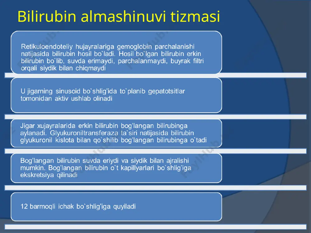 ning aniqlanishi. vgv tsiklik kechish shaklining vaqtli tashxisot mezonlari. yashirin davri doimiyligi xisobga olingan holda yuqish yo`llari (parenteral, jinsiy, maishiy muloqot) aksariyat hollarda asta-sekin boshlanishi. sariqlik oldi davri doimiyligi (1haftadan uzoq), poliartralgiya; sariqlik paydo bo`lishi bilan bemor ahvolining yomonlashuvi. sariqlik davrida asosan kasallikning o`rtacha og’irlik shakli kuzatiladi. qonda aminotransferazalar faolligining keskin oshishi. qonda gvning tashxisiy markerlari (hbsag, igm anti hbc, hbeag, antihbe, dna) anqlanishi kasallik o`tkir jigar entsefalopatiyasi bilan asoratlanganda klinik ko`rinish. vgs ning o`tkir shakli mezonlari epidemiologik anamnez ko`rsatkichlari (fakul'tativ belgi) anamnezda avval o`tkir gepatit qayd qilinmaganligi; skleraning subikterikligi, siydik rangi qizarishi, najas rangi oqarishi, teri va shilliq qavatlarning yengil sariqligi; splenomegaliyasiz gepatomegaliyaning qayd qilinishi; transaminazalar faolligining keskin oshishi (5marta va undan ortiq); qonda anti igm anti hcv va anti hcv aniqlanishi. surunkali gepatit b ning tayanch tashxisot mezonlari: epidanamnez ma`lumotlari (parenteral anamnez) - hbv - infektsiyaning tabiy va sun`iy yuqish yo`llarini hisobga olgan holda. ilgari o`tkir gepatitni boshidan …